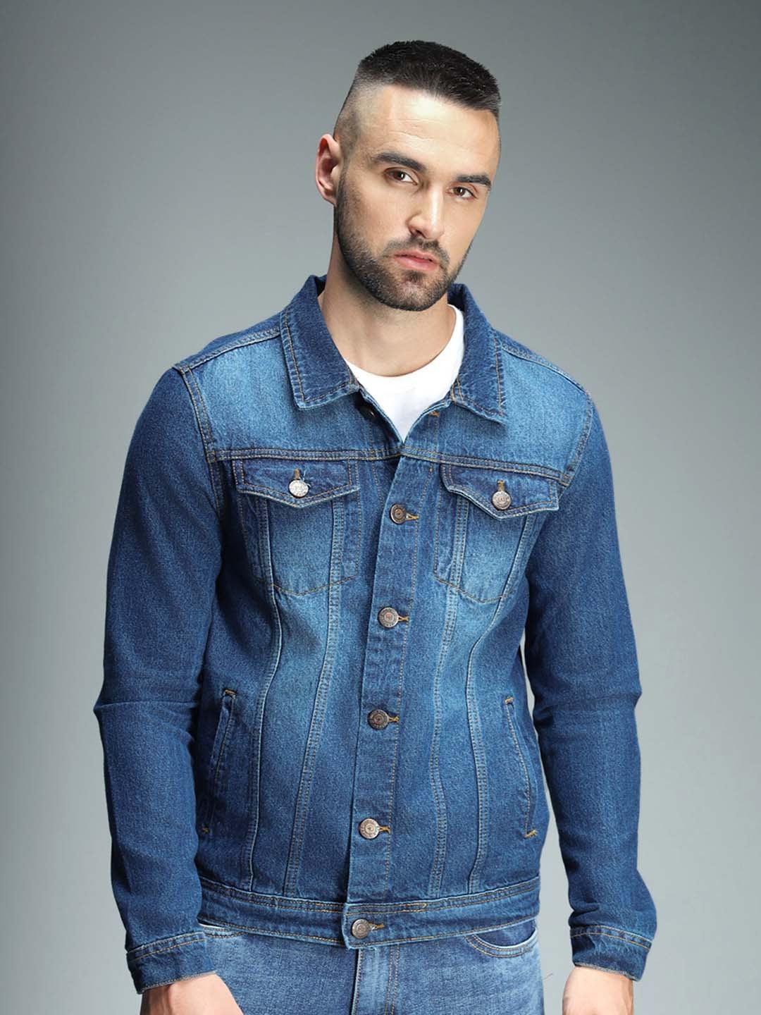 

High Star Spread Collar Long Sleeves Cotton Denim Jacket, Blue