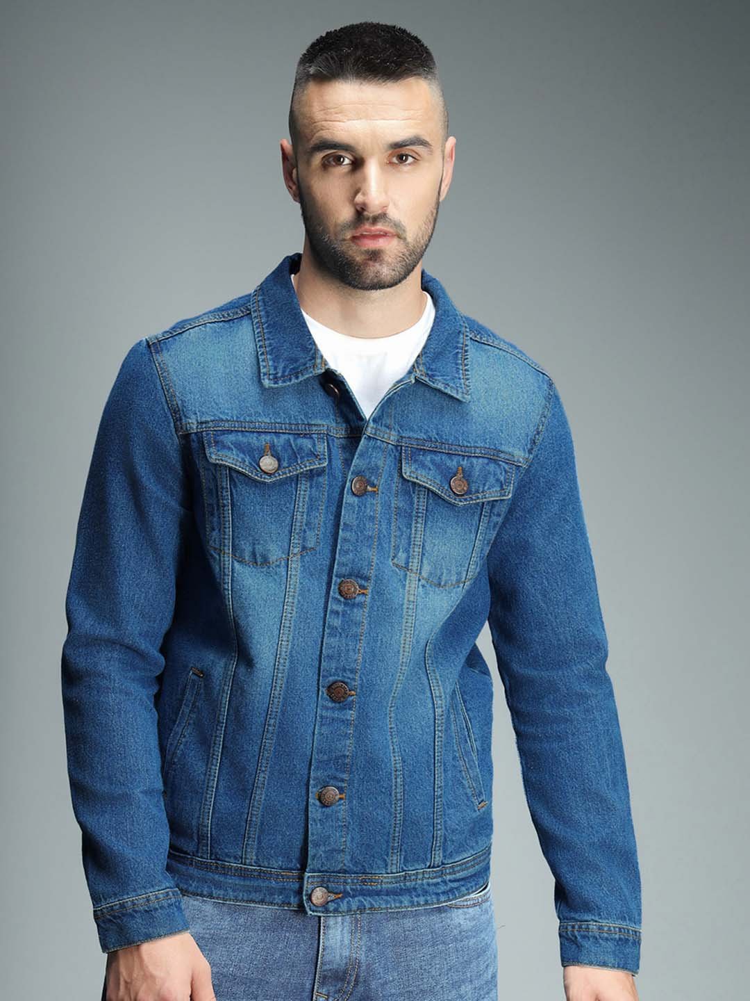 

High Star Washed Spread Collar Long Sleeves Cotton Denim Jacket, Blue