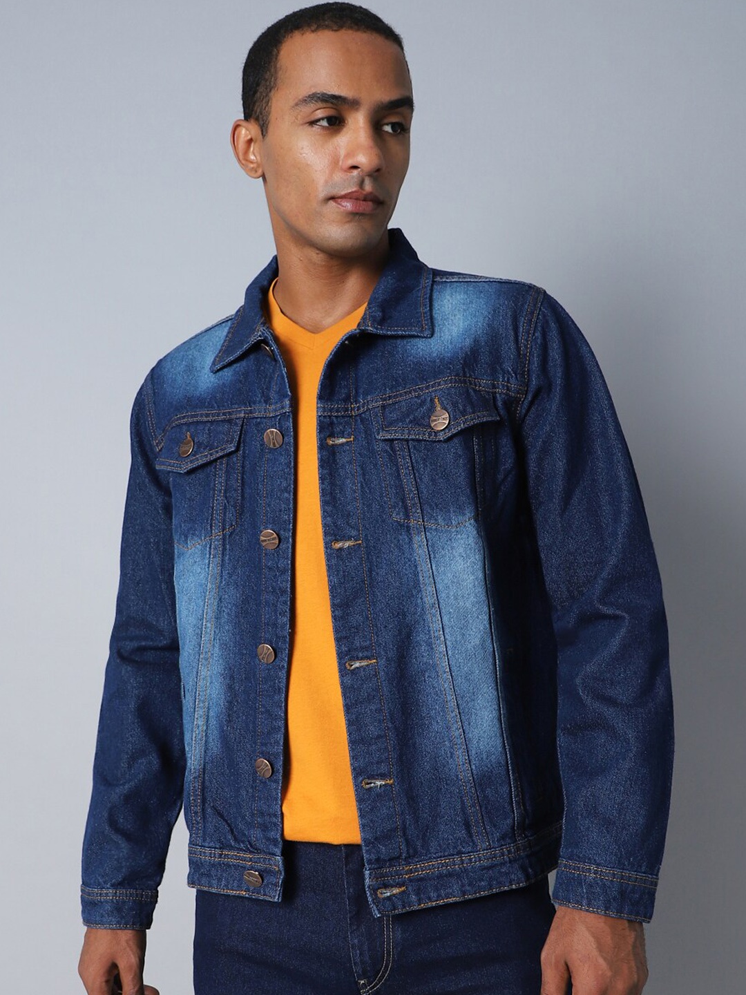 

High Star Washed Spread Collar Long Sleeves Cotton Denim Jacket, Blue
