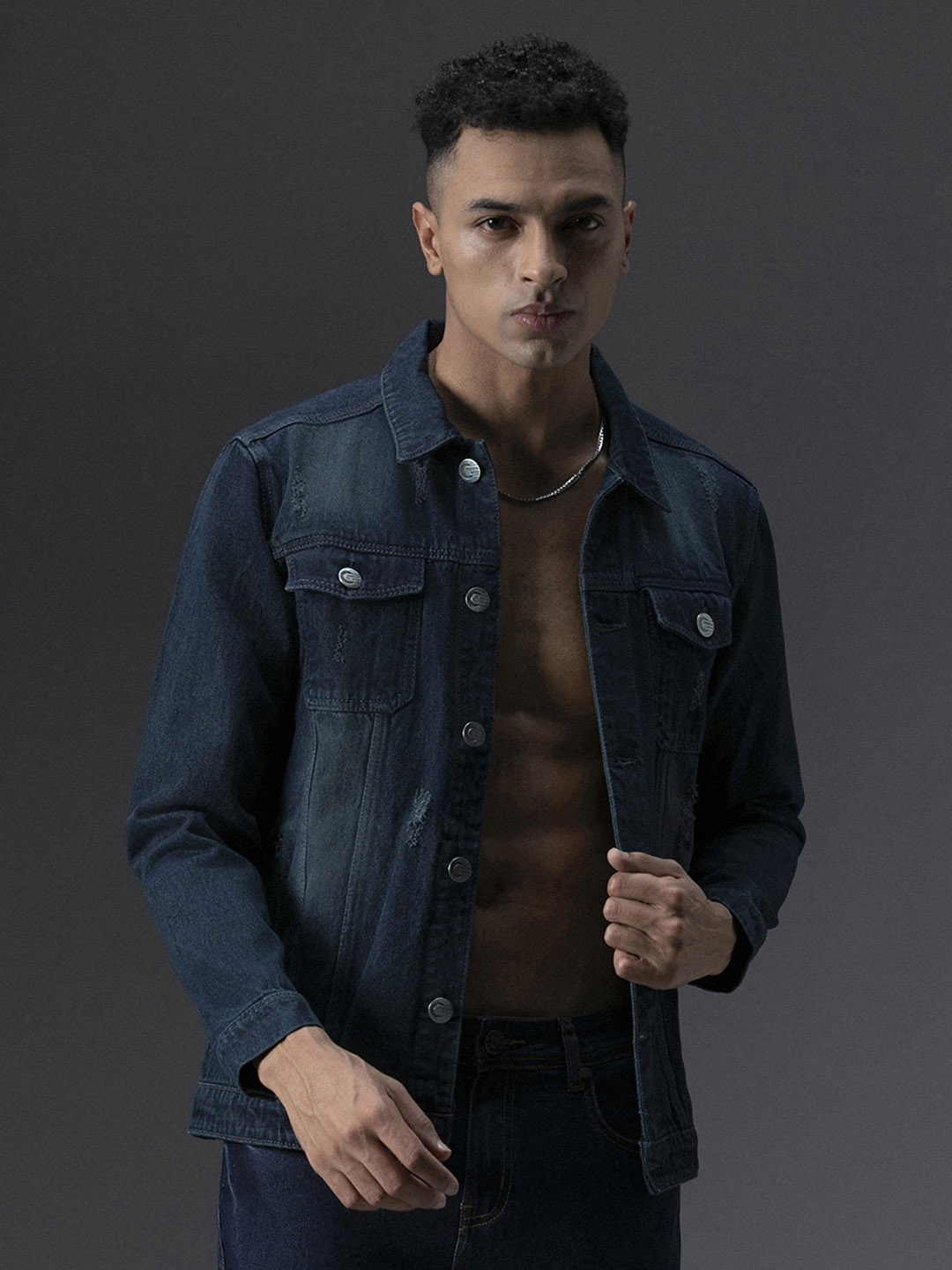 

High Star Washed Spread Collar Long Sleeves Denim Jacket, Blue