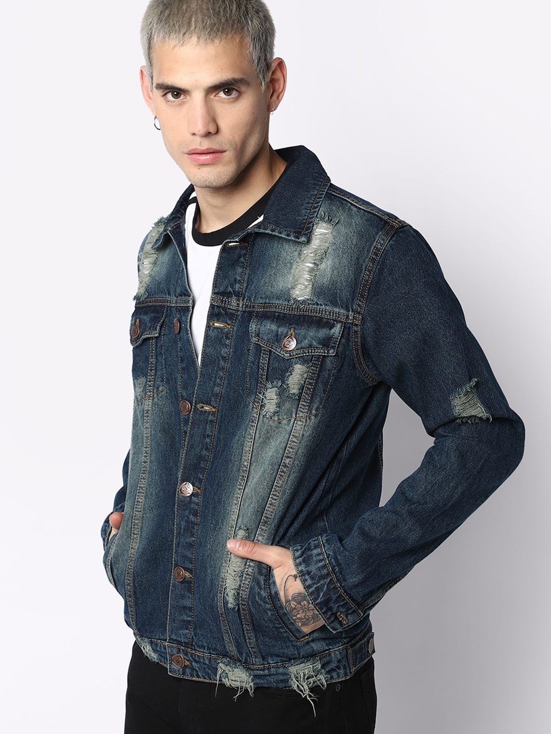 

High Star Washed Spread Collar Long Sleeves Denim Jacket, Blue