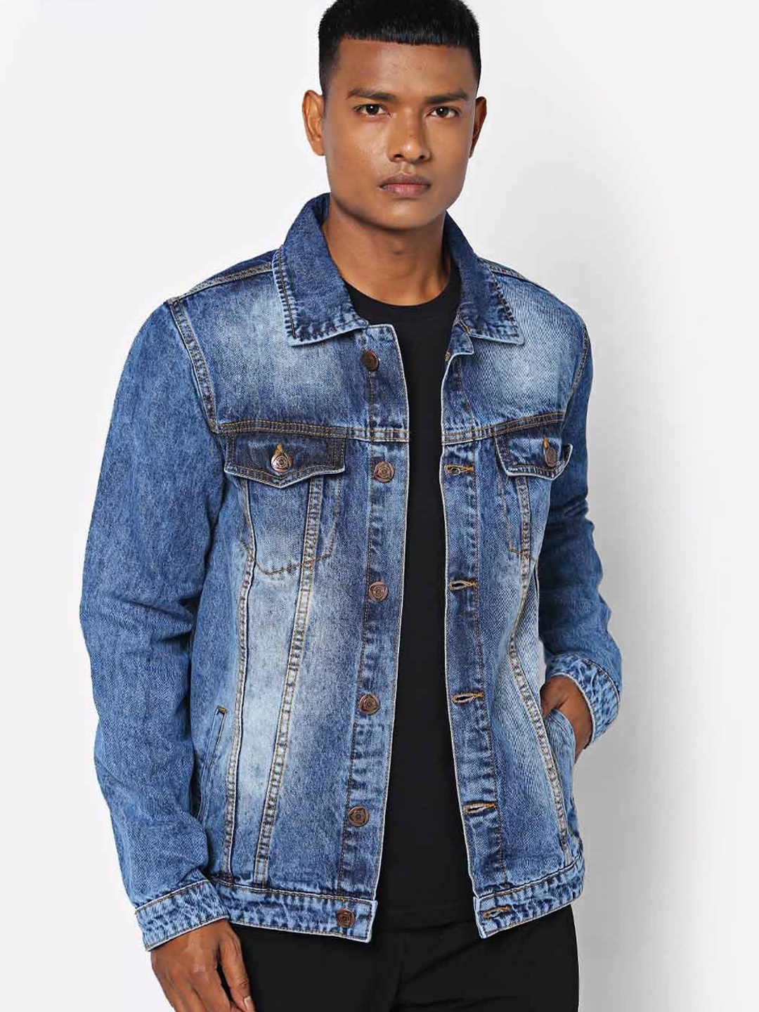 

High Star Washed Spread Collar Long Sleeves Denim Jacket, Blue