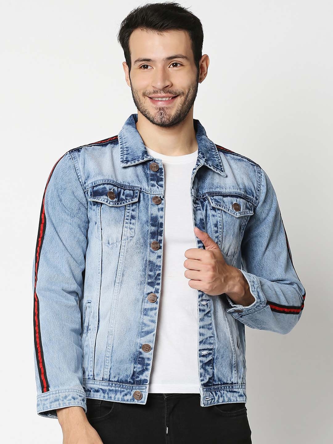 

High Star Washed Spread Collar Long Sleeves Denim Jacket, Blue