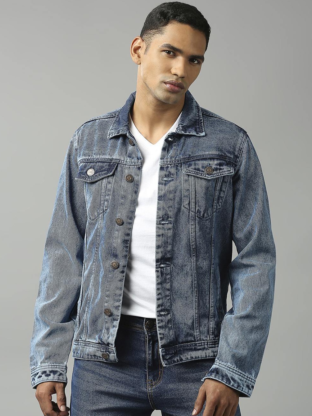 

High Star Washed Spread Collar Long Sleeves Denim Jacket, Blue