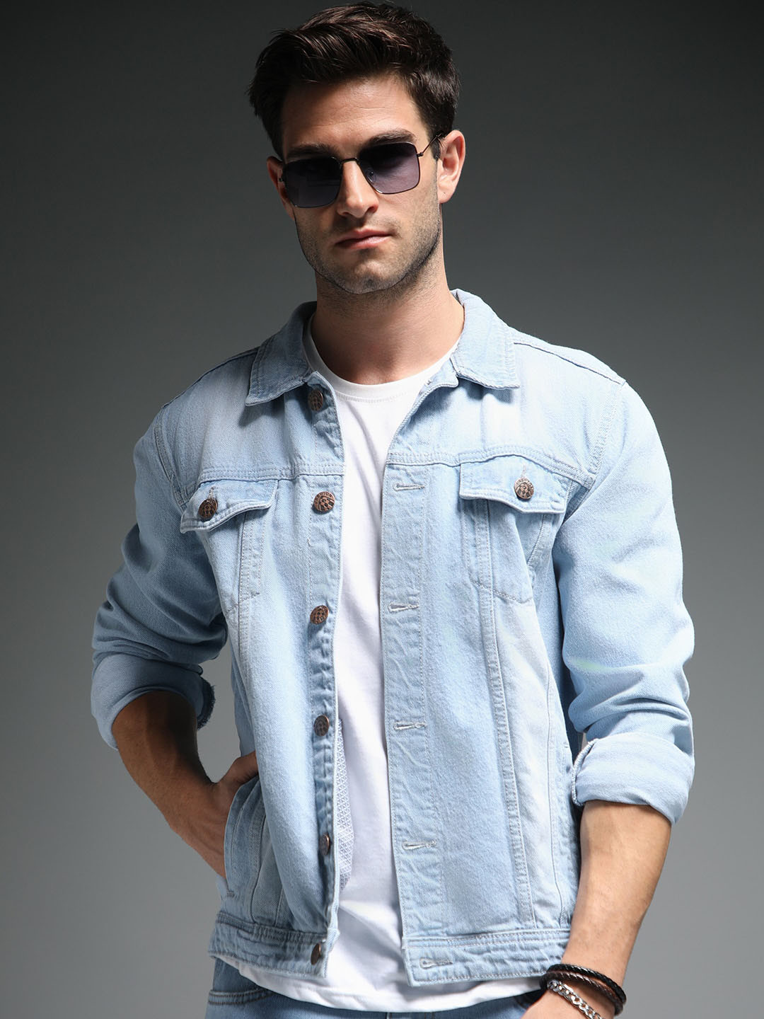 

High Star Washed Spread Collar Long Sleeves Denim Jacket, Blue