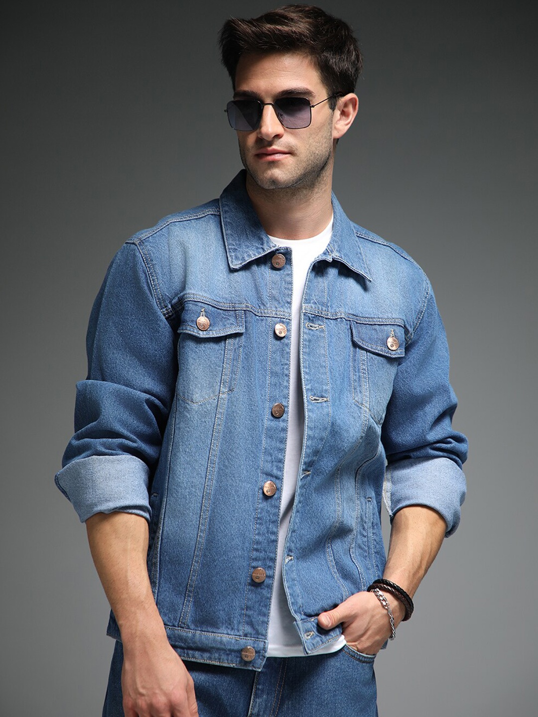 

High Star Washed Spread Collar Long Sleeves Denim Jacket, Blue