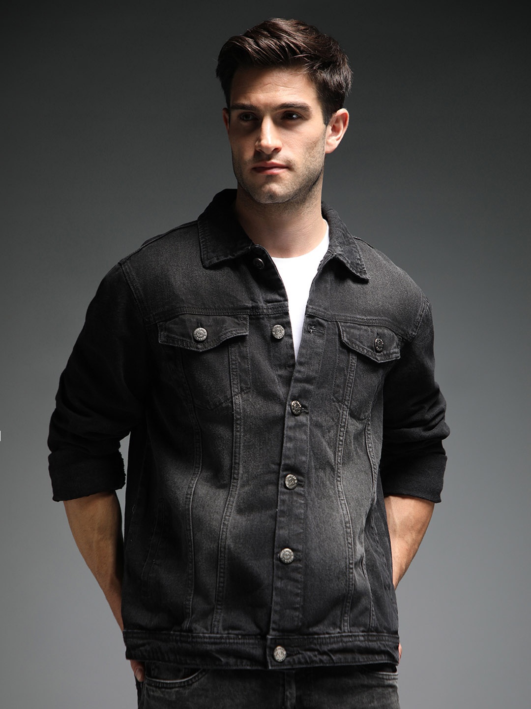 

High Star Washed Spread Collar Long Sleeves Denim Jacket, Black