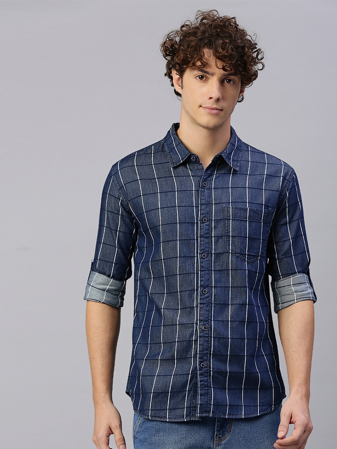 

High Star Men Standard Checked Spread Collar Long Sleeves Casual Shirt, Blue