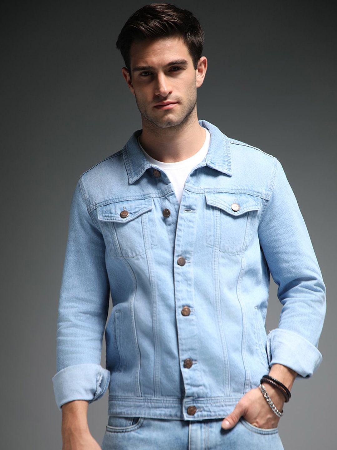 

High Star Washed Spread Collar Long Sleeves Cotton Denim Jacket, Blue