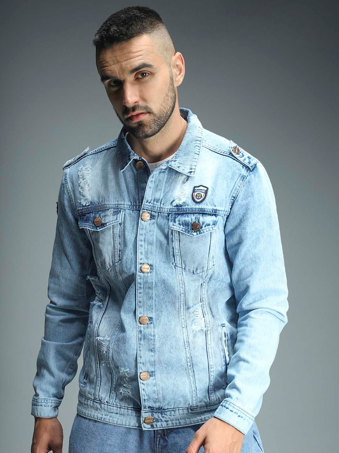 

High Star Washed Spread Collar Long Sleeves Shoulder Tabs Denim Jacket, Blue