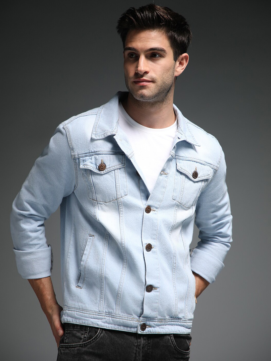 

High Star Washed Spread Collar Long Sleeves Cotton Denim Jacket, Blue
