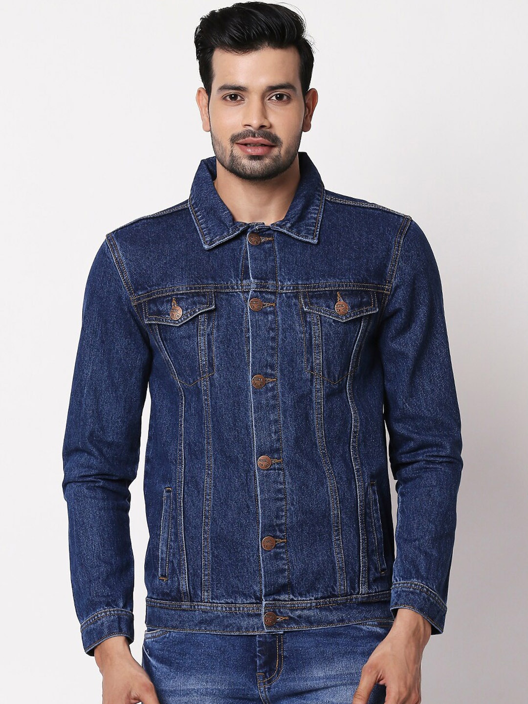 

High Star Spread Collar Long Sleeves Denim Jacket, Blue