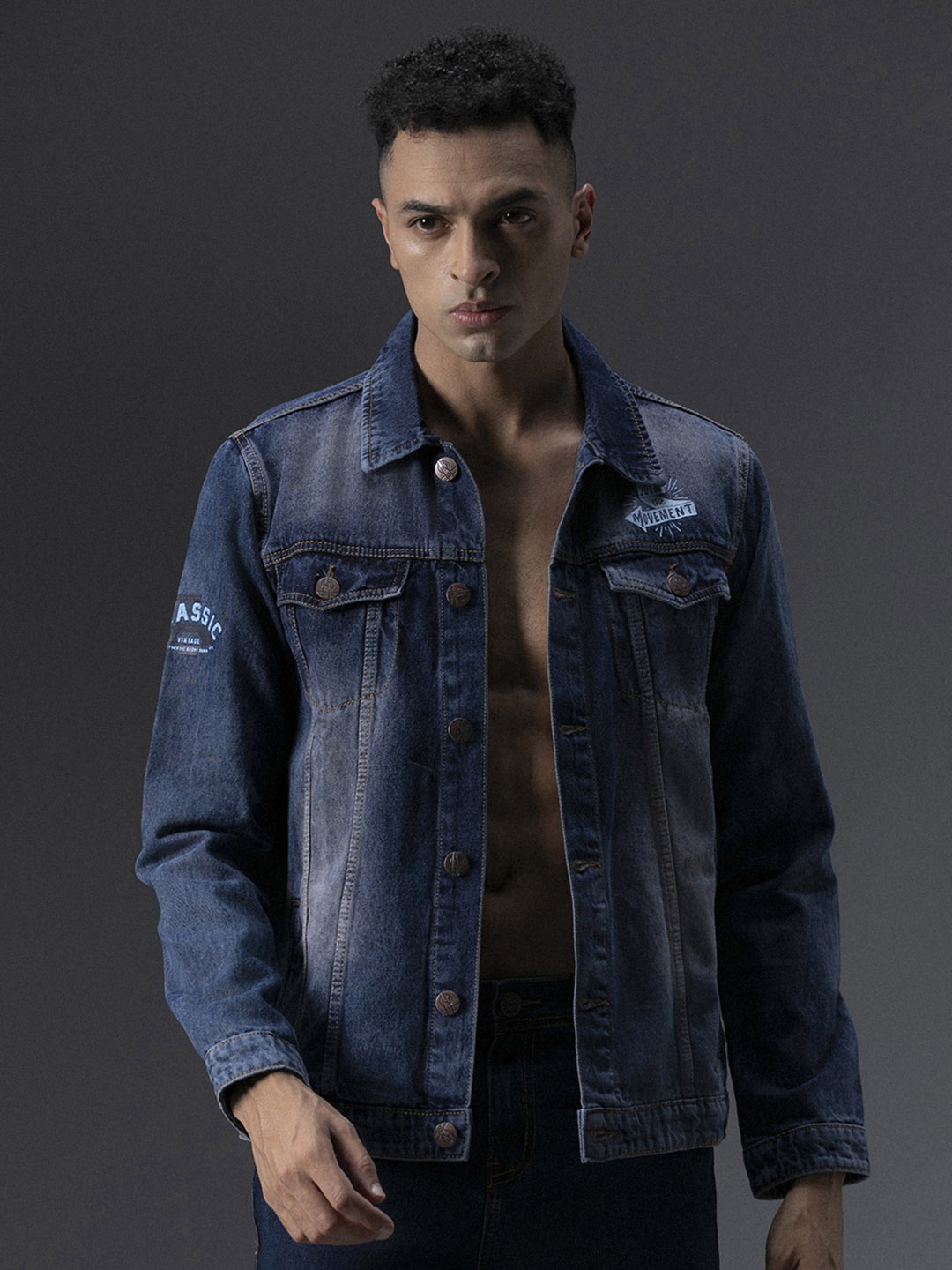 High Star Washed Spread Collar Long Sleeves Denim Jacket