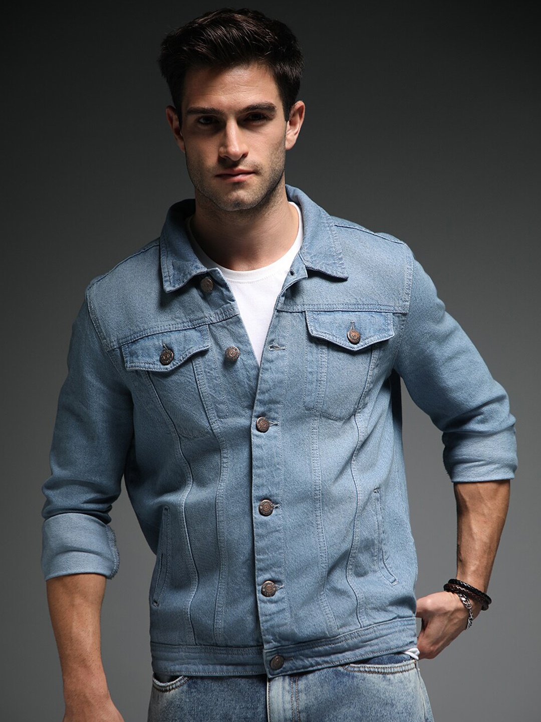 

High Star Spread Collar Long Sleeves Cotton Denim Jacket, Blue