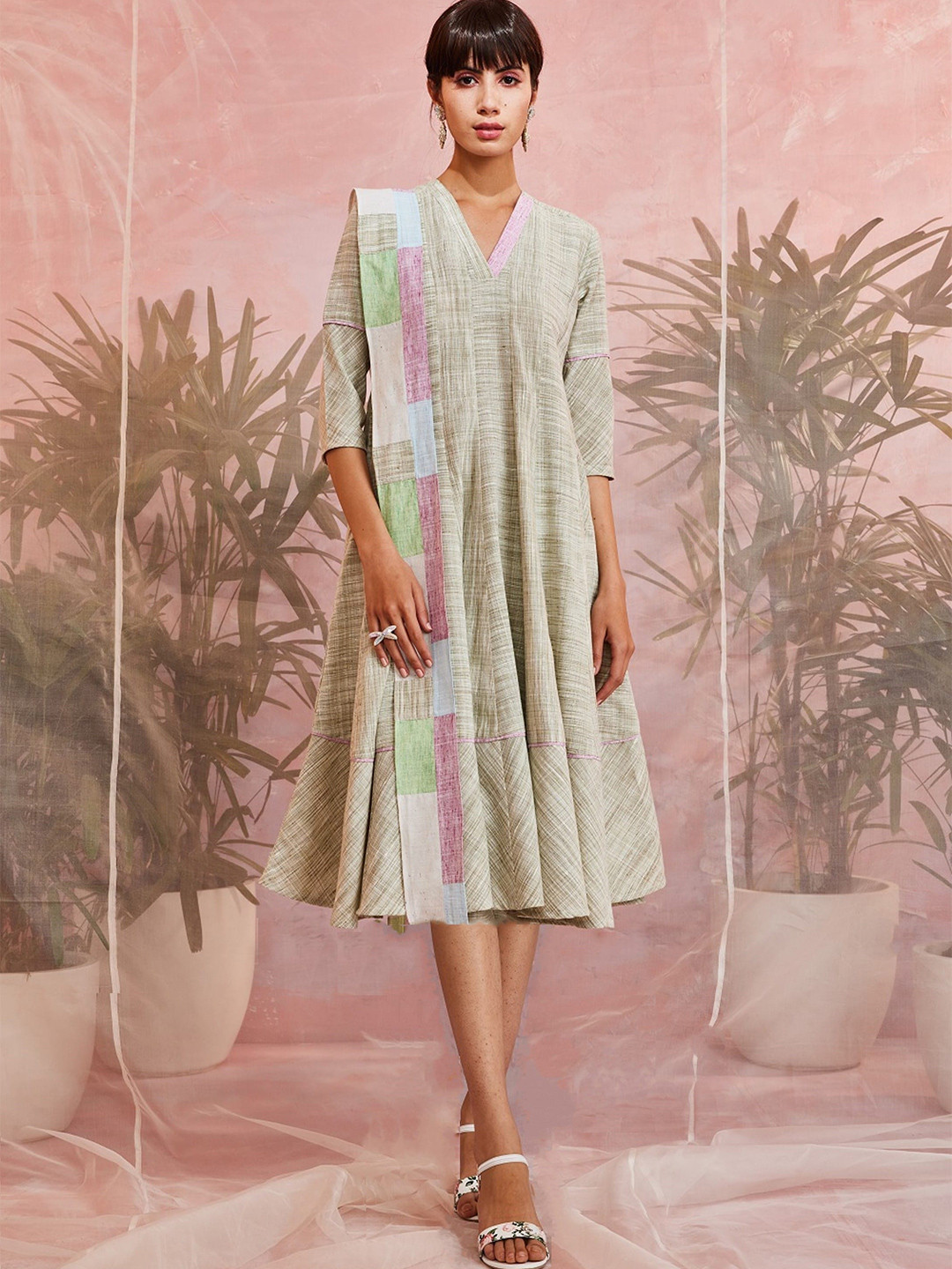 

charkhee Round Neck Cotton A-Line Midi Dress, Olive