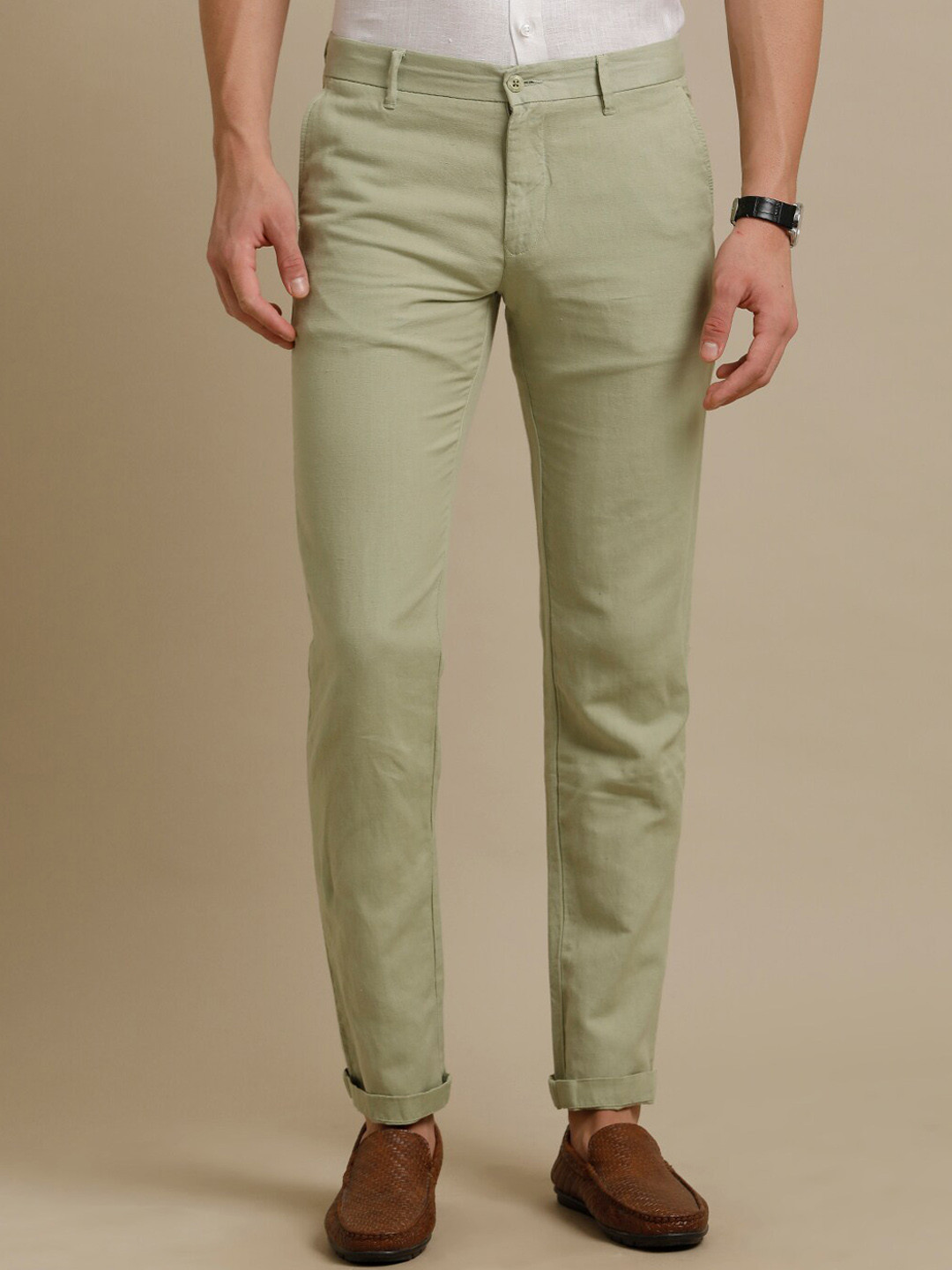

Linen Club Men Textured Smart Adjustable Waist Pure Linen Trousers, Green