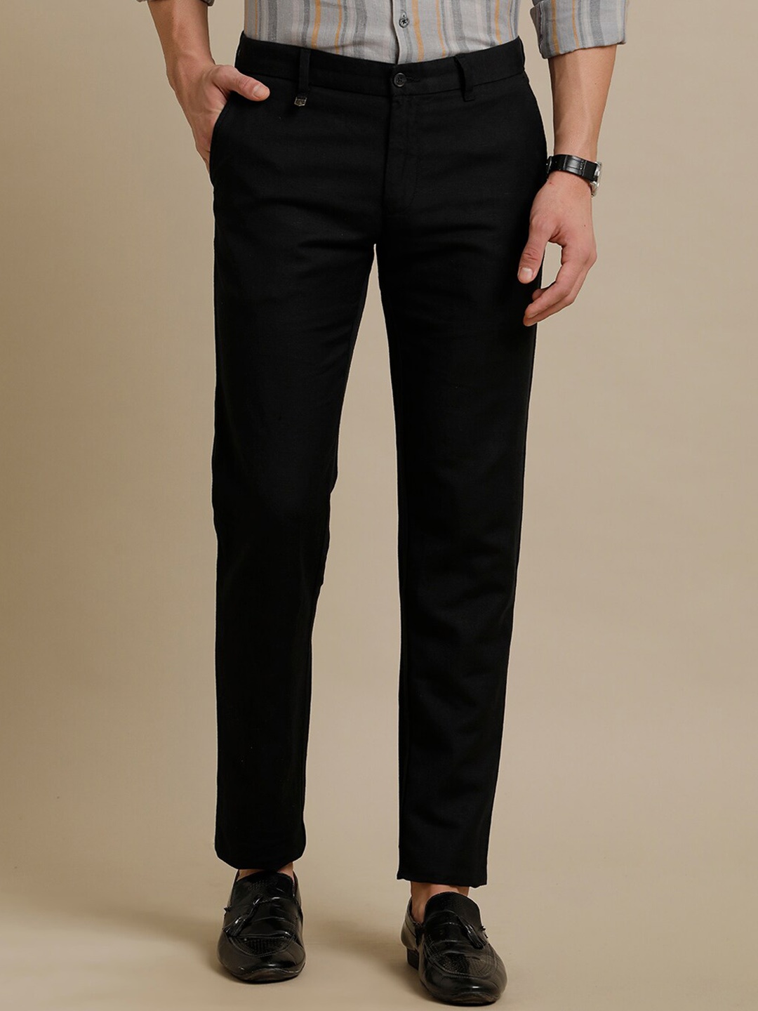 

Linen Club Men Smart Pure Linen Casual Trousers, Black