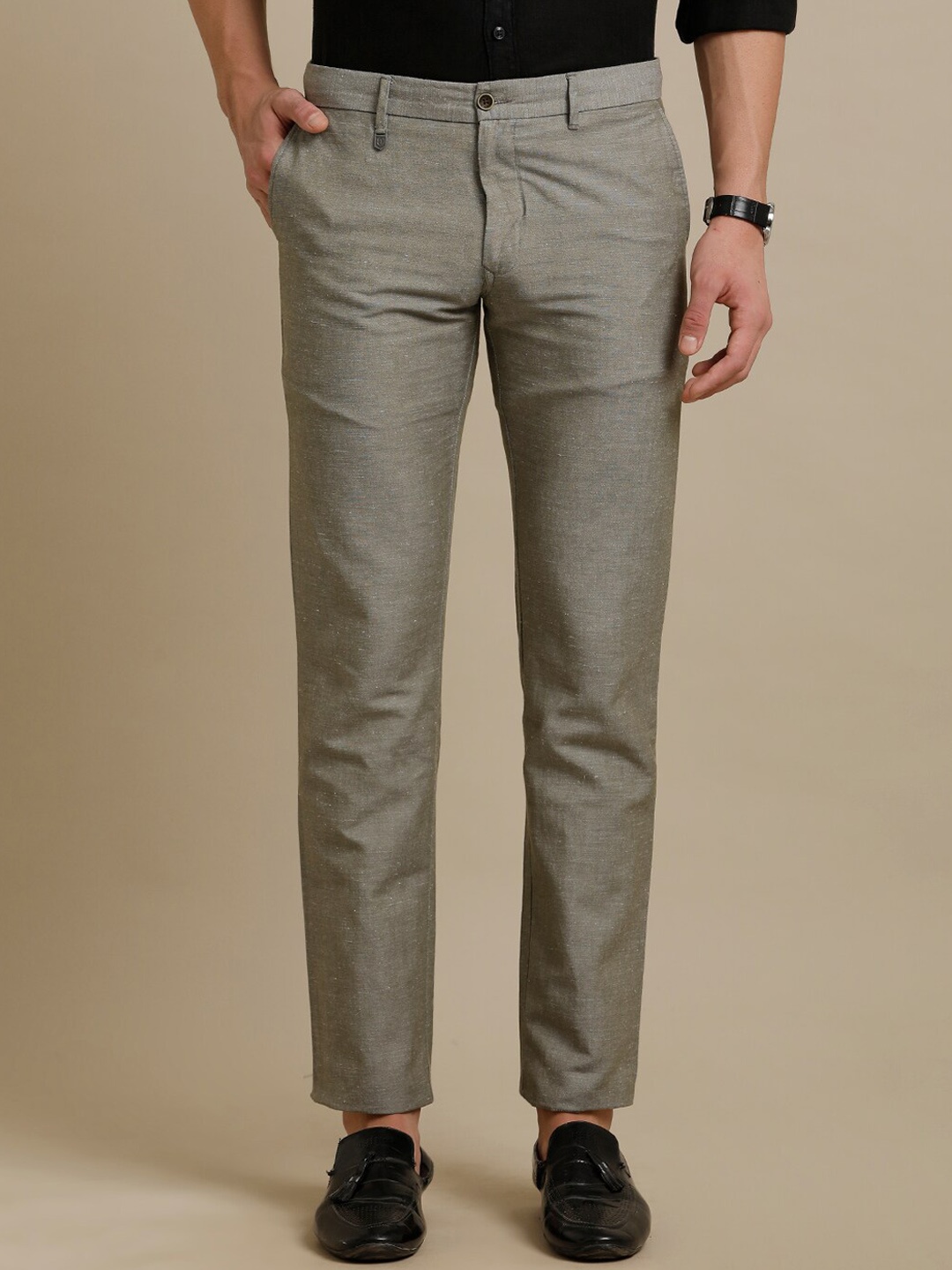 

Linen Club Men Smart Fit Mid-Rise Pure Linen Casual Trousers, Olive