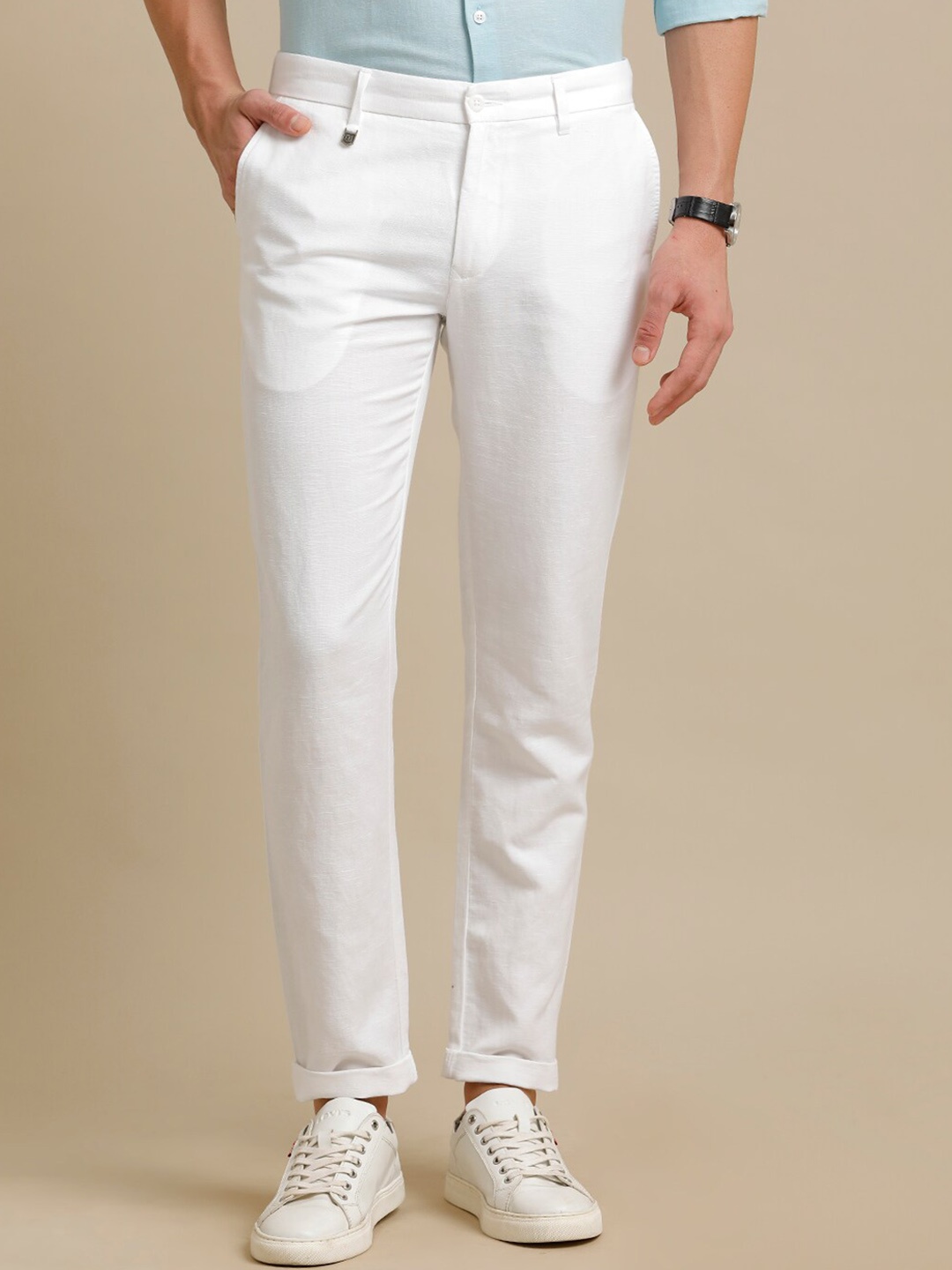

Linen Club Men Smart Pure Linen Casual Trousers, White