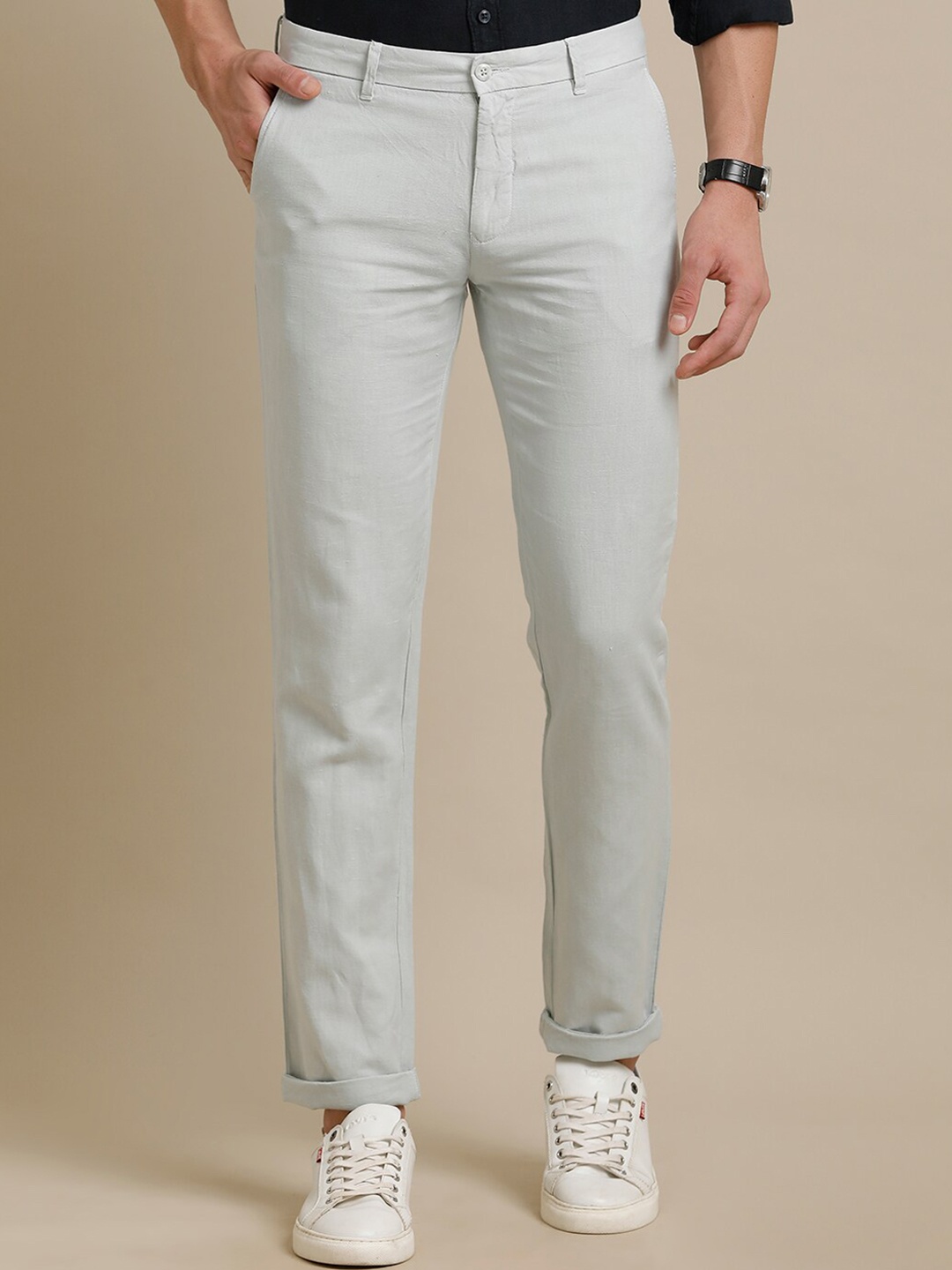 

Linen Club Men Textured Smart Pure Linen Casual Trousers, Blue