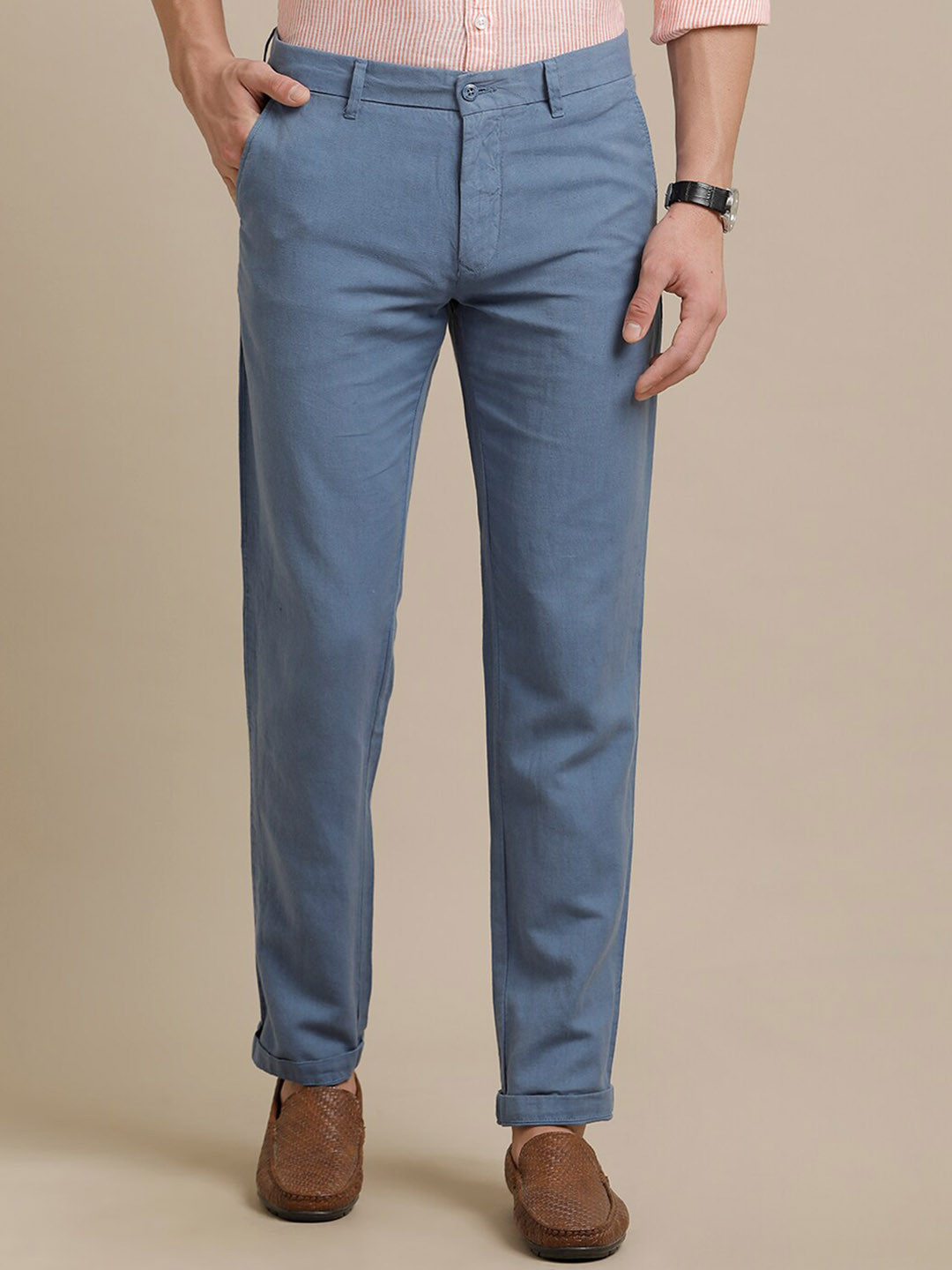 

Linen Club Men Smart Pure Linen Casual Trousers, Blue