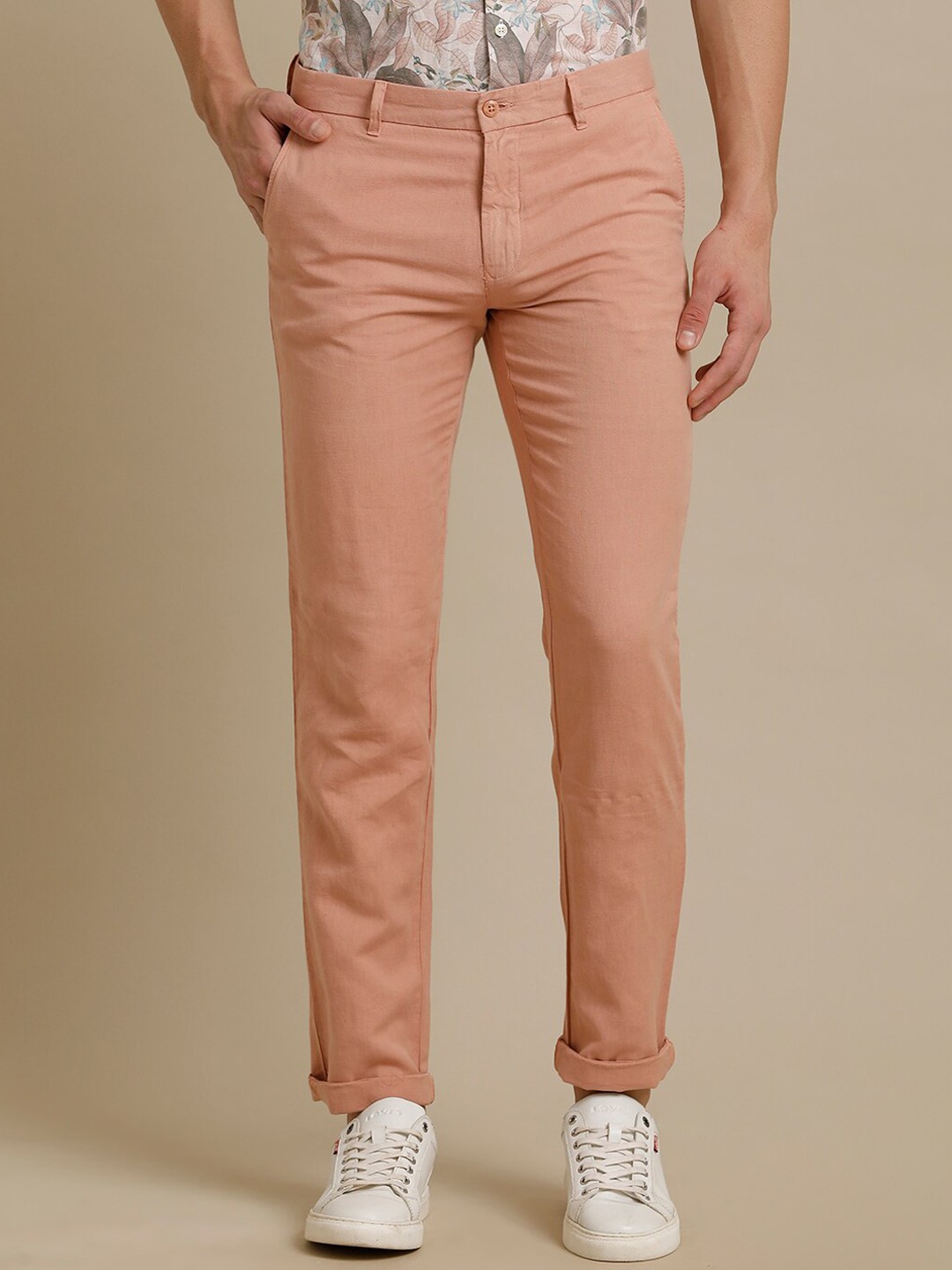 

Linen Club Men Smart Fit Pure Linen Casual Trousers, Peach