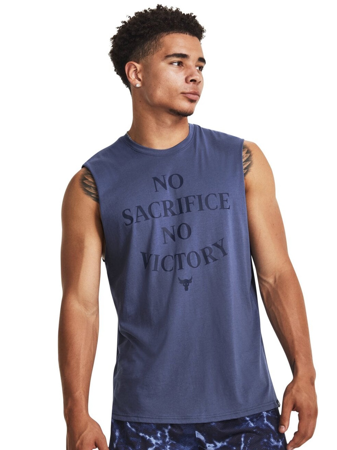 UNDER ARMOUR UA Project Rock Typography Printed No Sleeves Tshirts, Blue
