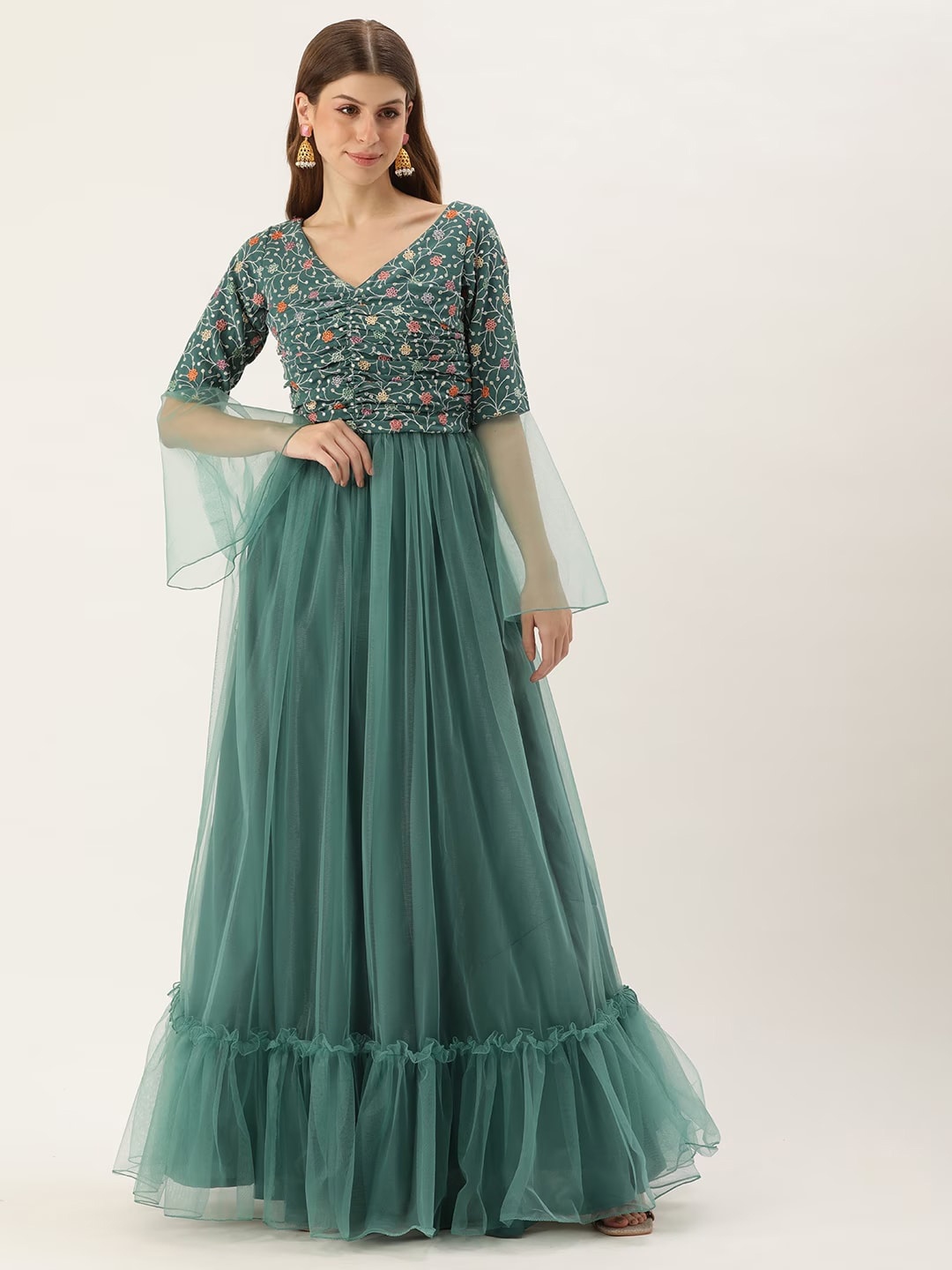 

Ethnovog Embellished Flared Sleeve Georgette Maxi Dress, Pink