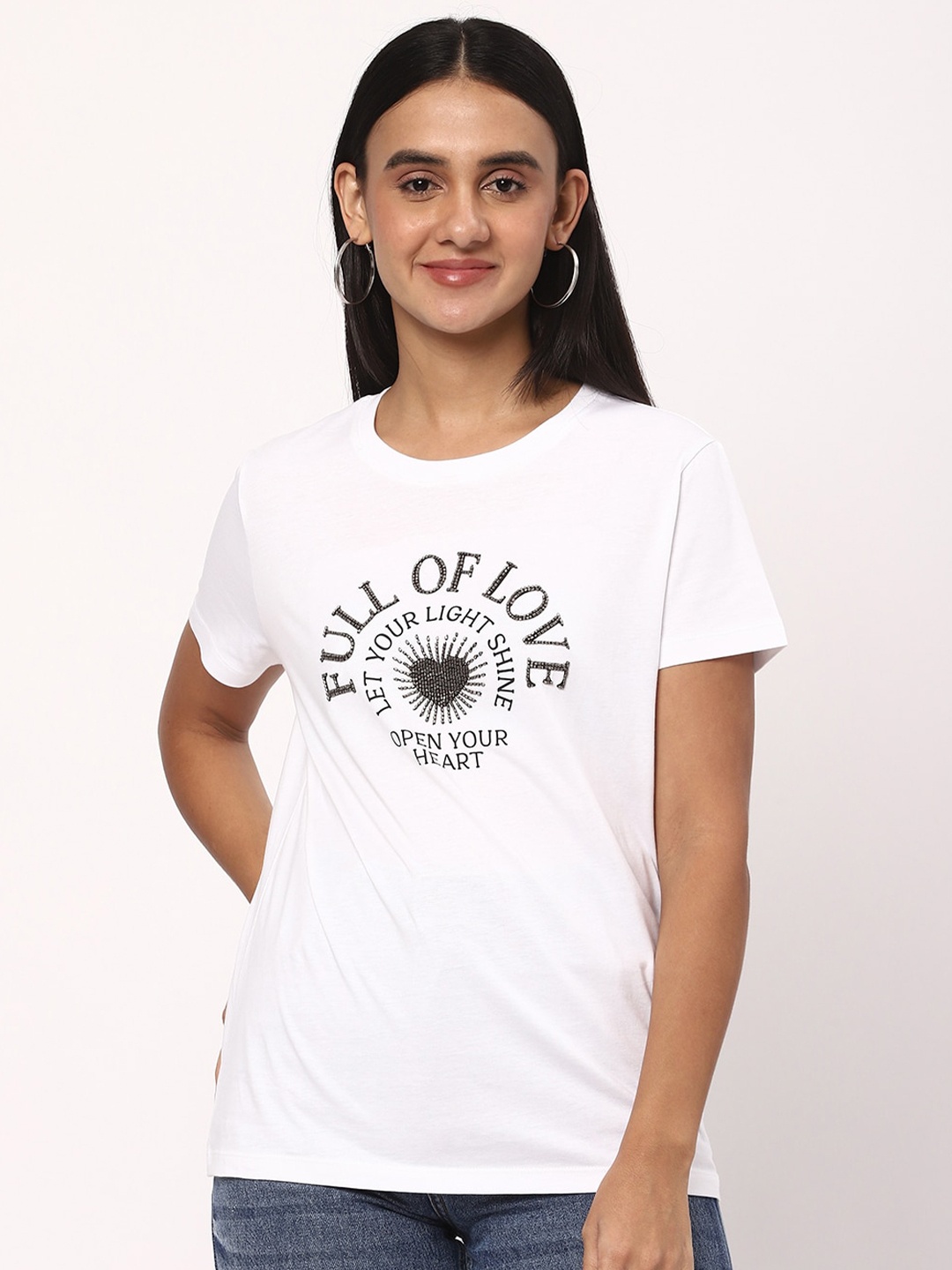 

R&B Typography Printed Regular Cotton T-shirt, White