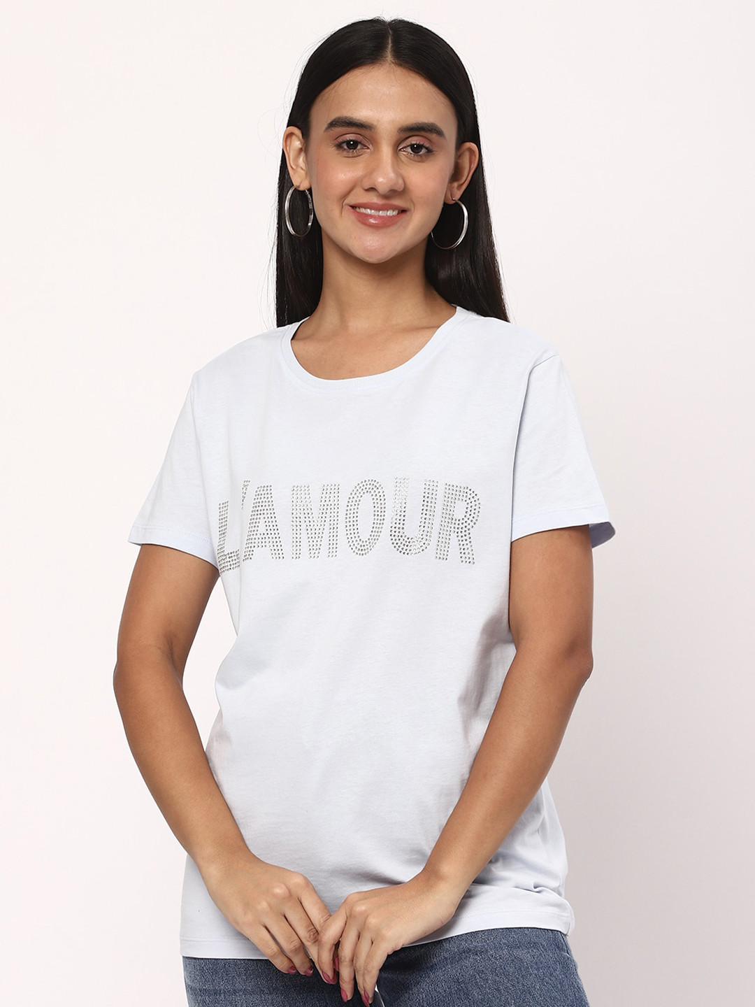 

R&B Embellished Round Neck Cotton T Shirt, Blue