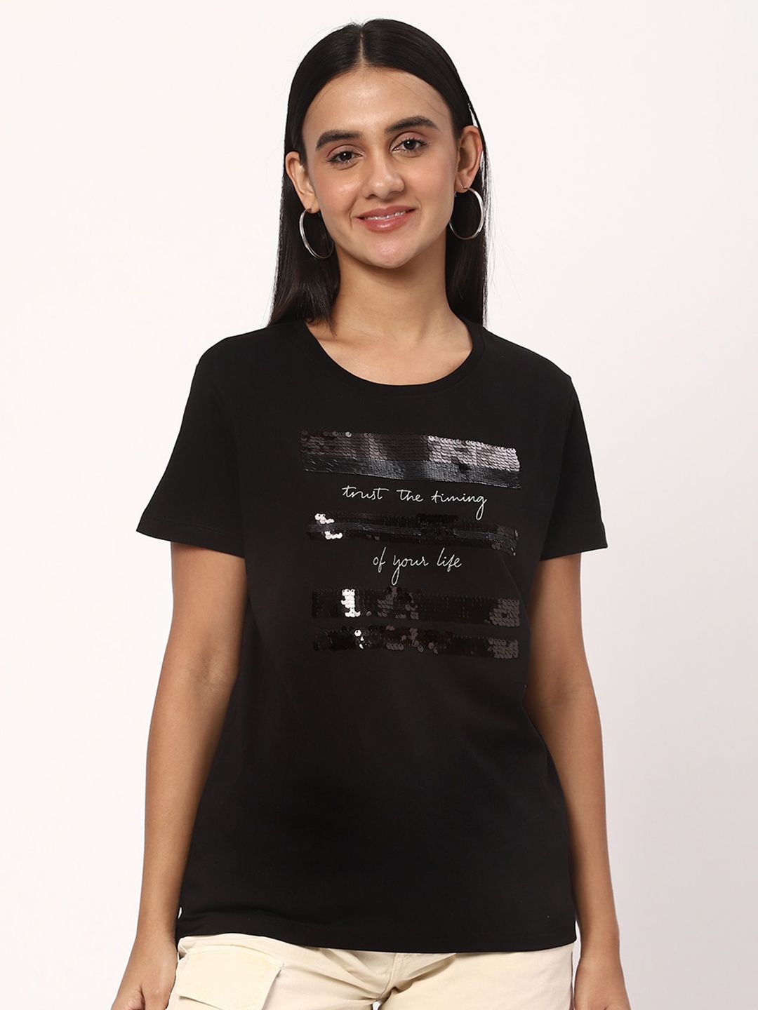 

R&B Typography Printed Sequin Embellished Round Neck Cotton T-shirt, Black