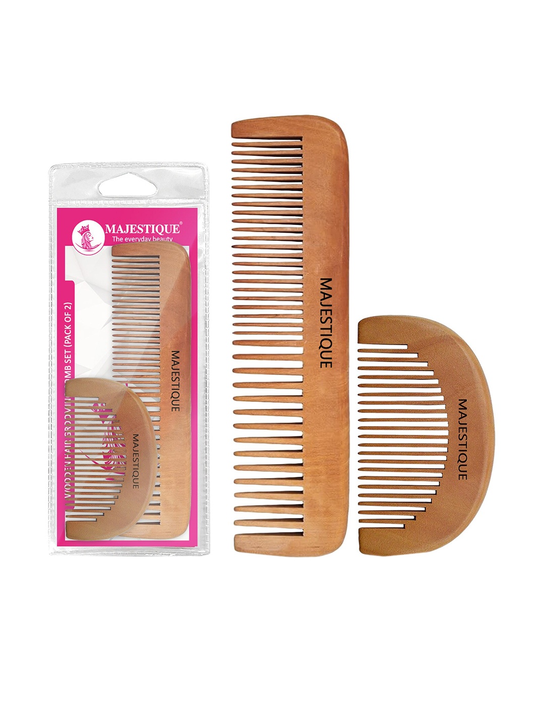 

MAJESTIQUE Set Of 2 Handmade Wood Detangling & Long Hair Big & Small Comb, Brown