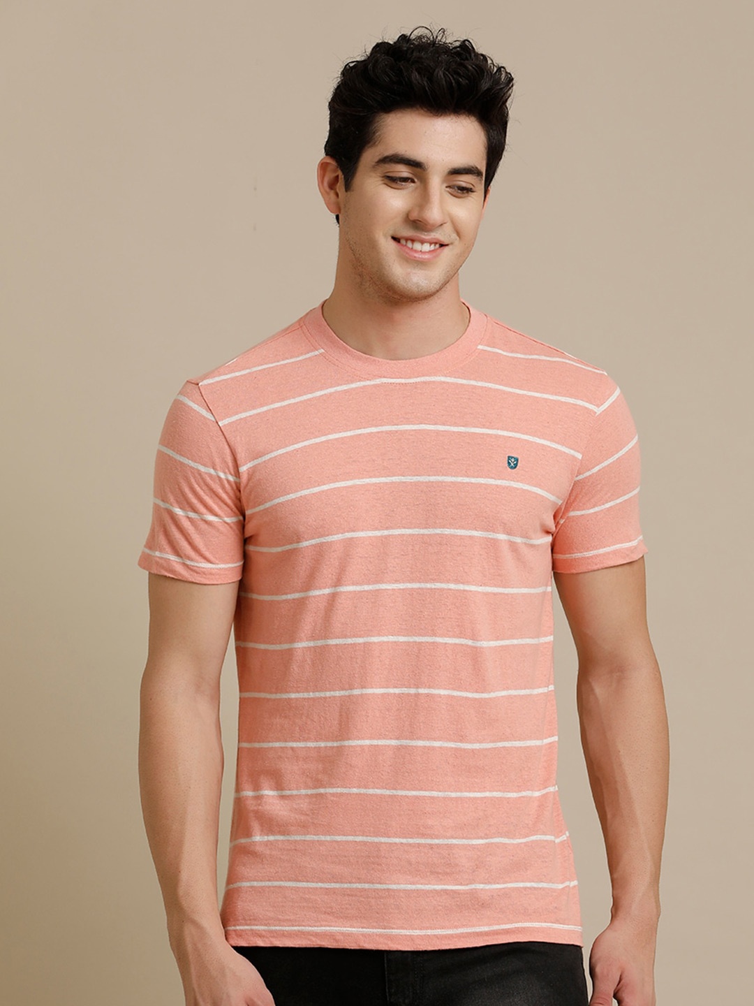

Linen Club Striped Linen Antimicrobial T-shirt, Pink