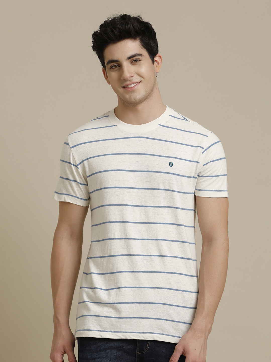 

Linen Club Men Striped Linen Blend Antimicrobial Pockets T-shirt, Blue