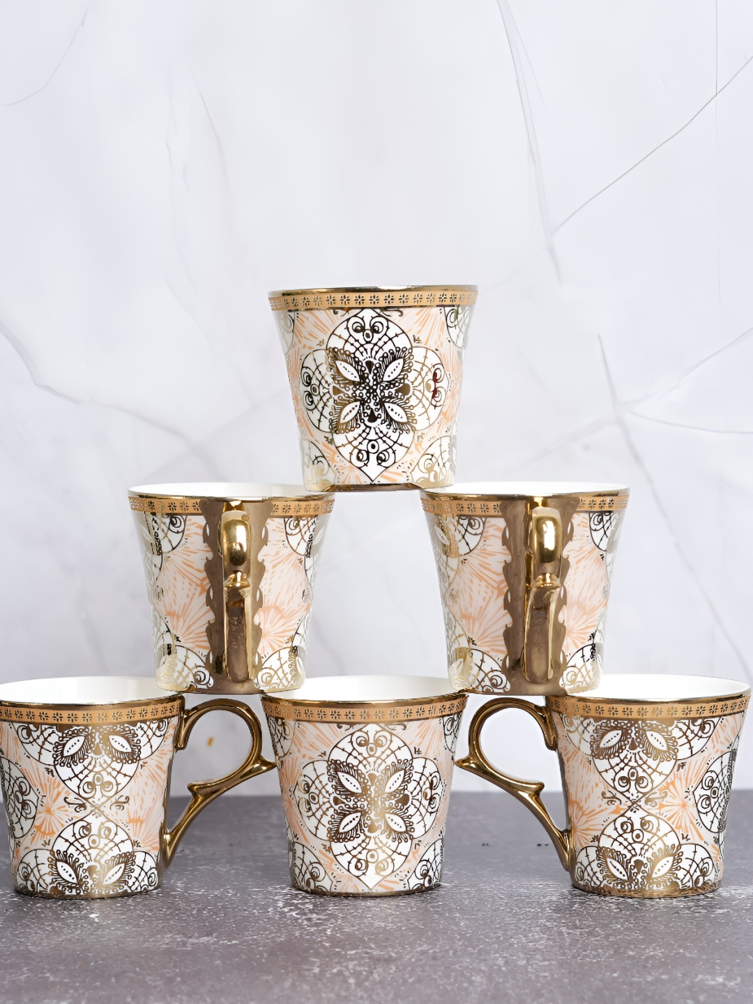 

Femora 6 Pieces Gold-Toned & White Ethnic Motifs Printed Ceramic Glossy Mugs