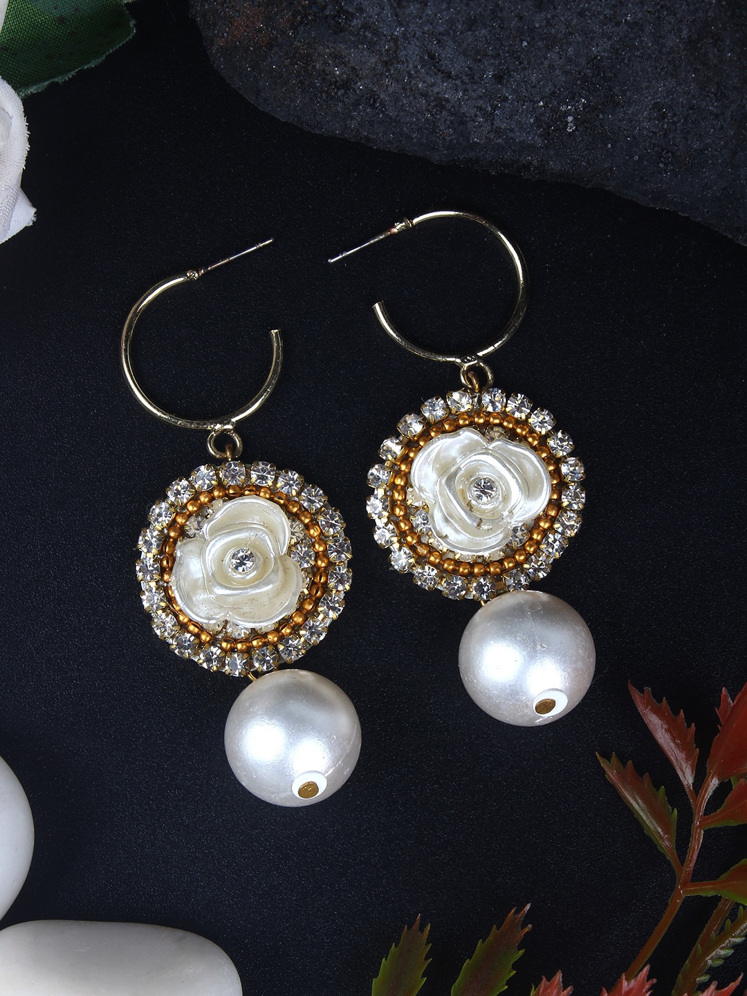 

DressBerry White Gold-Plated Beaded Stone Studded Contemporary Drop Earrings