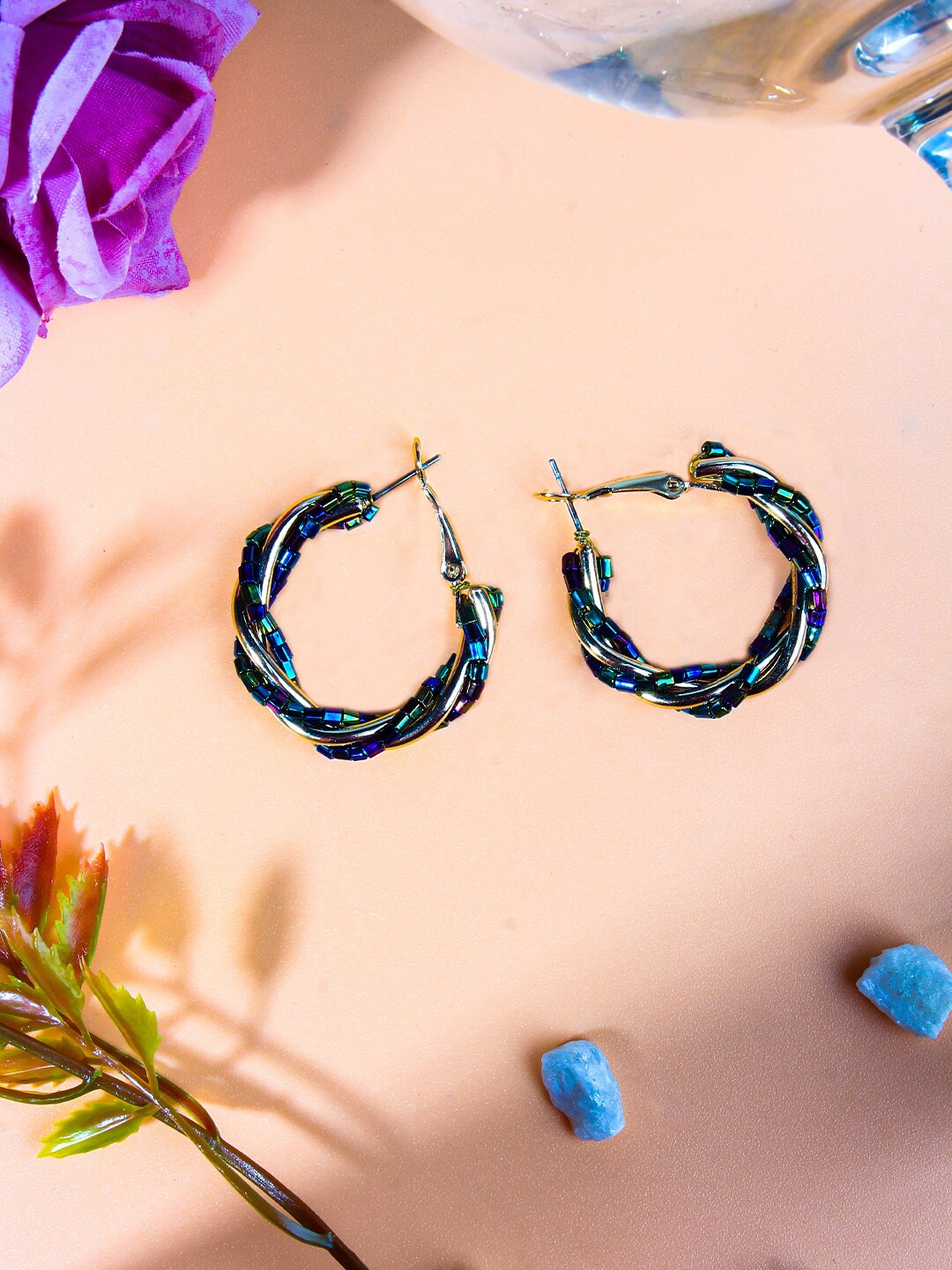 

DressBerry Navy Blue Contemporary Brass Hoop Earrings