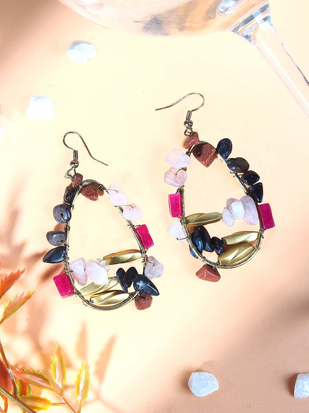 

DressBerry Red & Black Beaded Gold-Plated Contemporary Drop Earrings