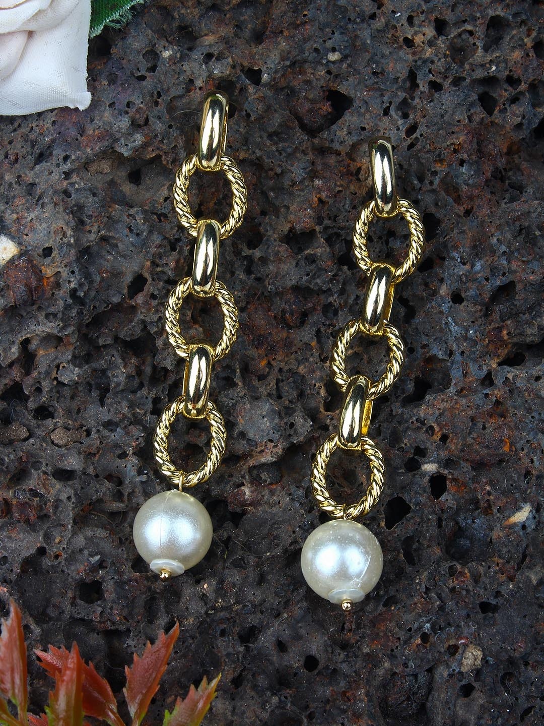 

DressBerry White Gold-Plated Beaded Contemporary Drop Earrings