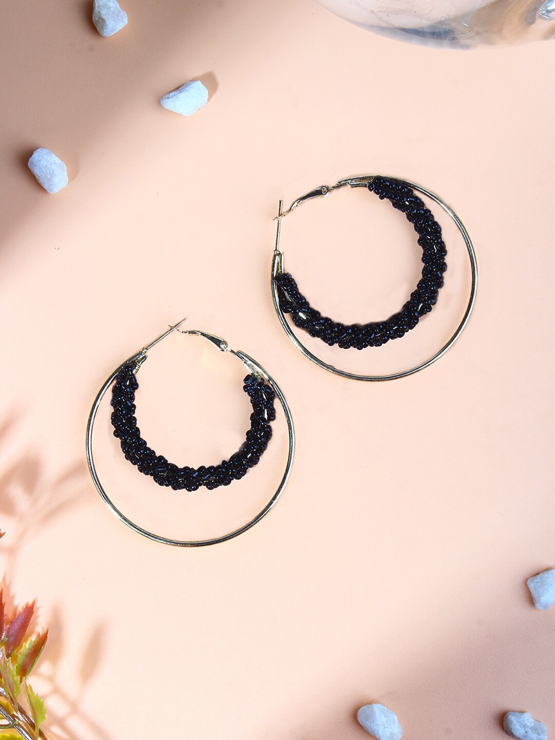 

DressBerry Black Beaded Gold-Plated Contemporary Hoop Earrings