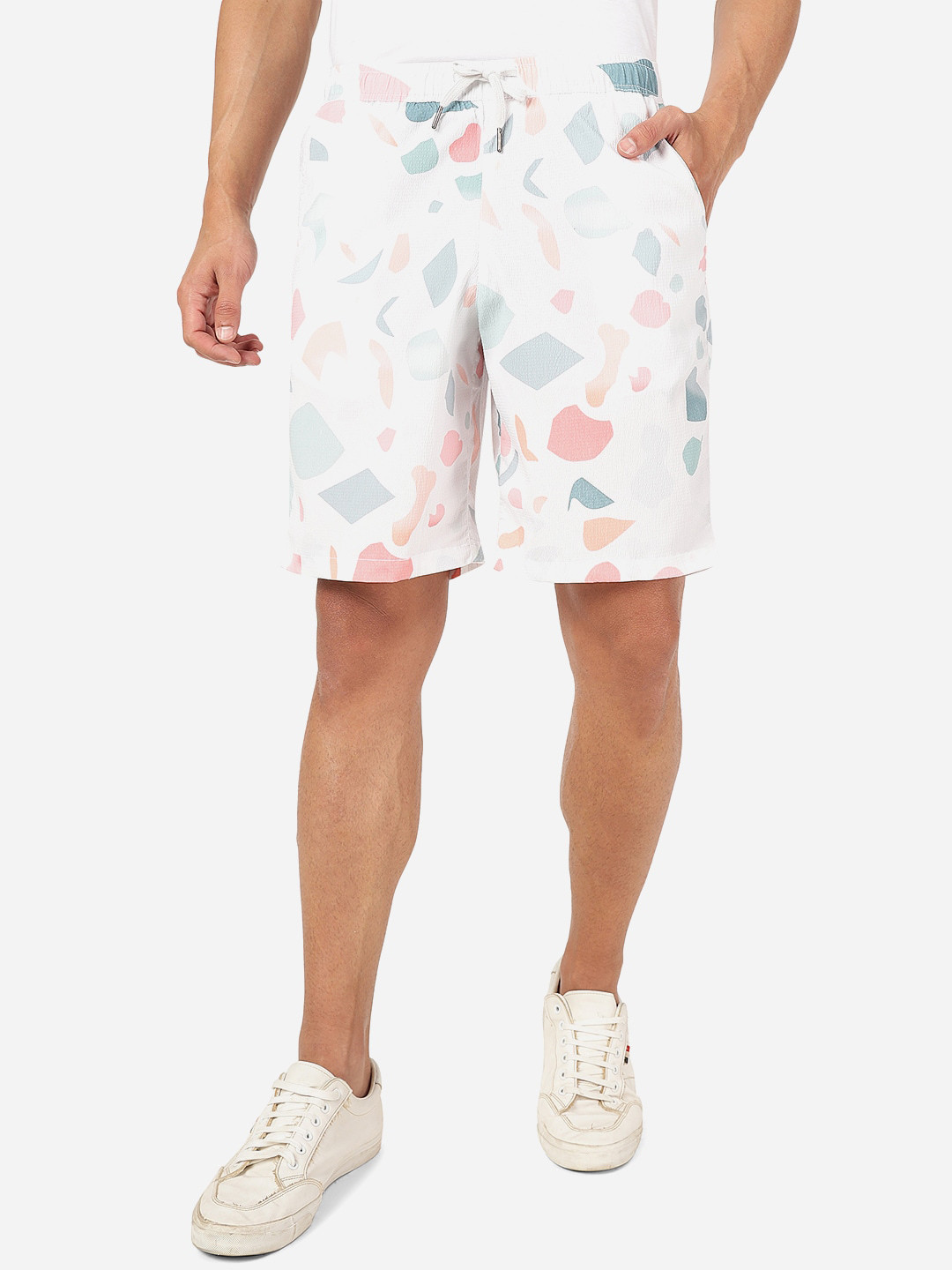 

JADE BLUE Men Abstract Printed Slim Fit Pure Cotton Shorts, White