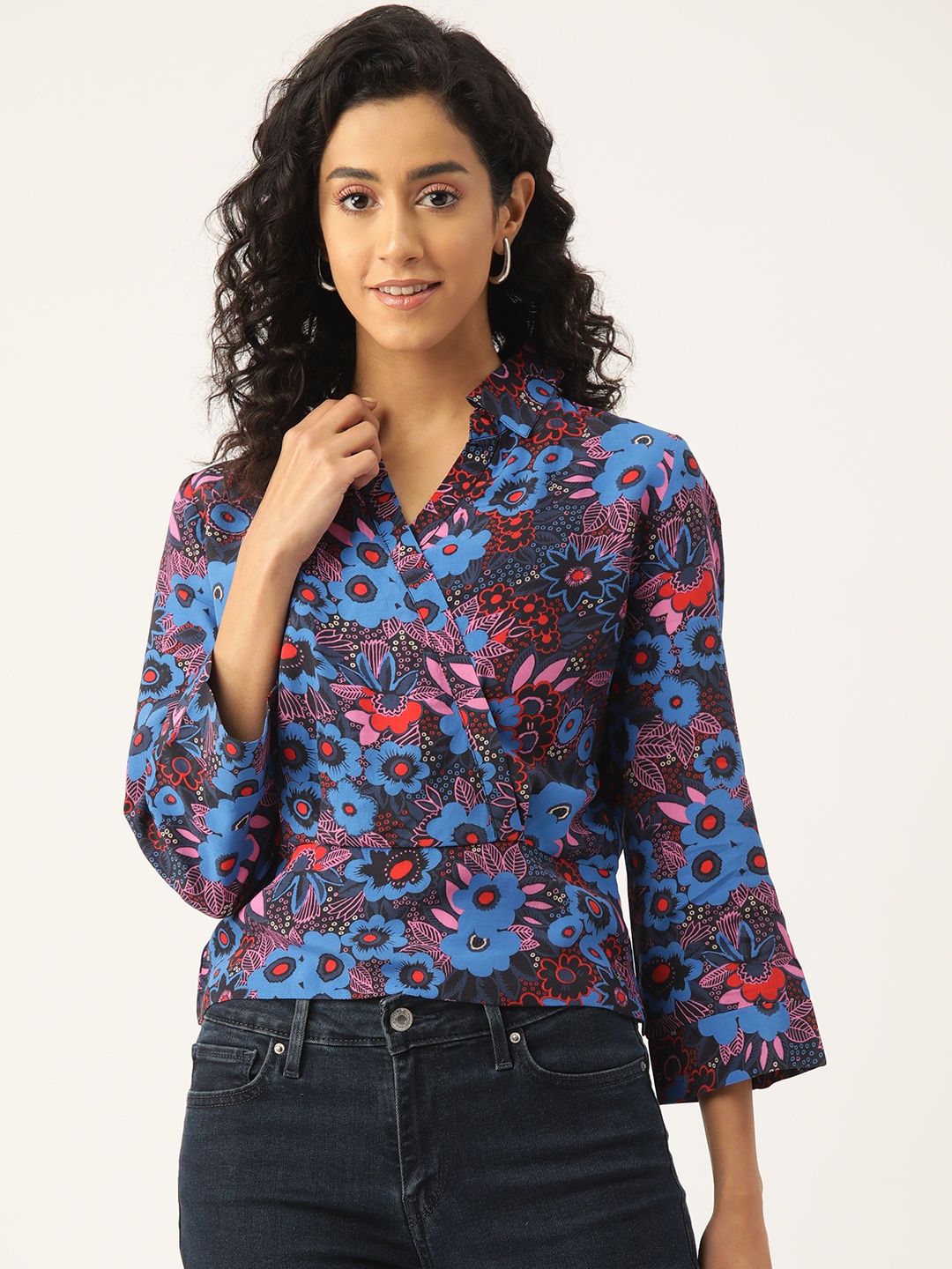 

Madame Floral Print Flared Sleeve Wrap Top, Black