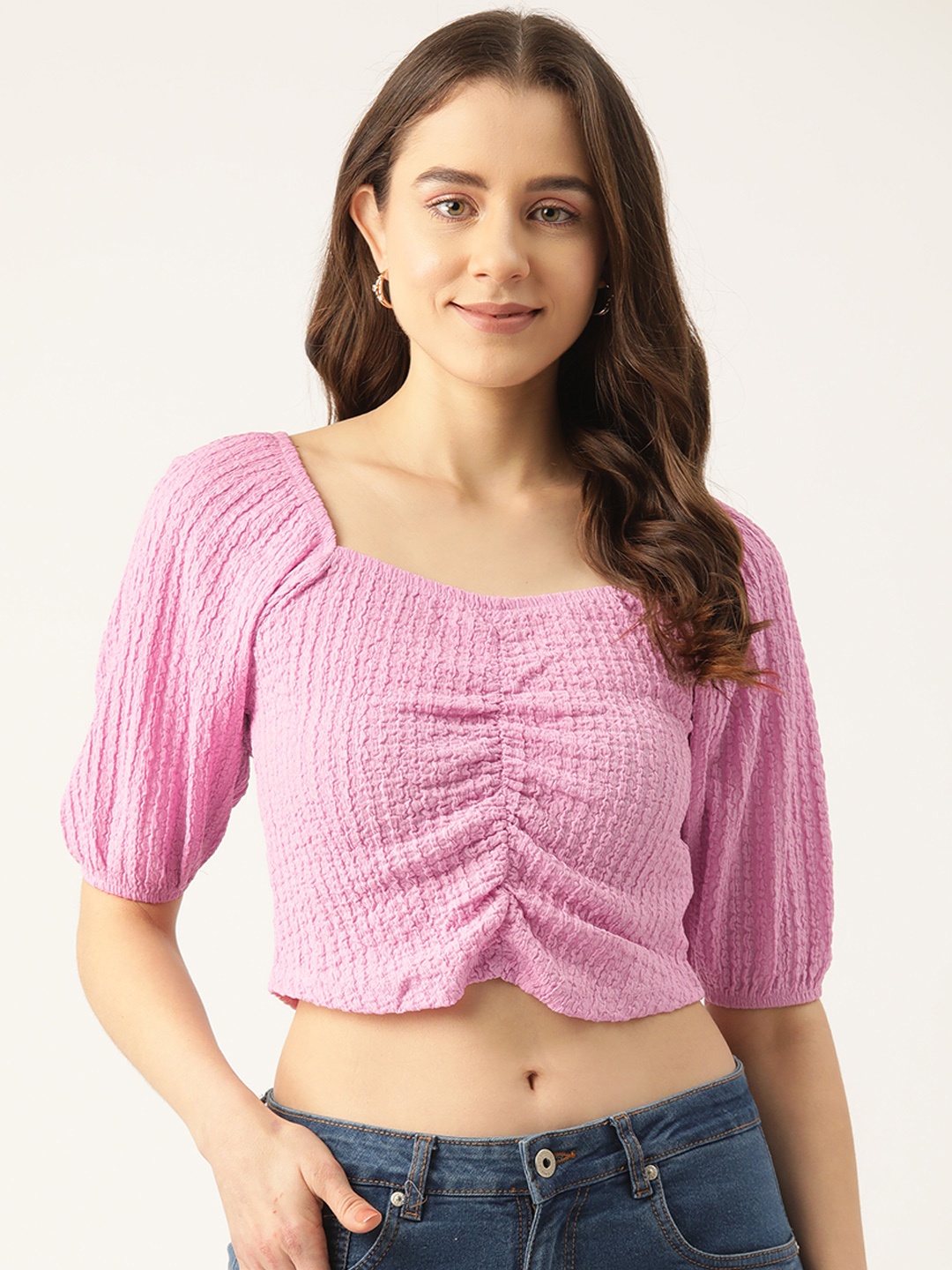 

Madame Crinkled Puff Sleeve Ruched Crop Top, Pink