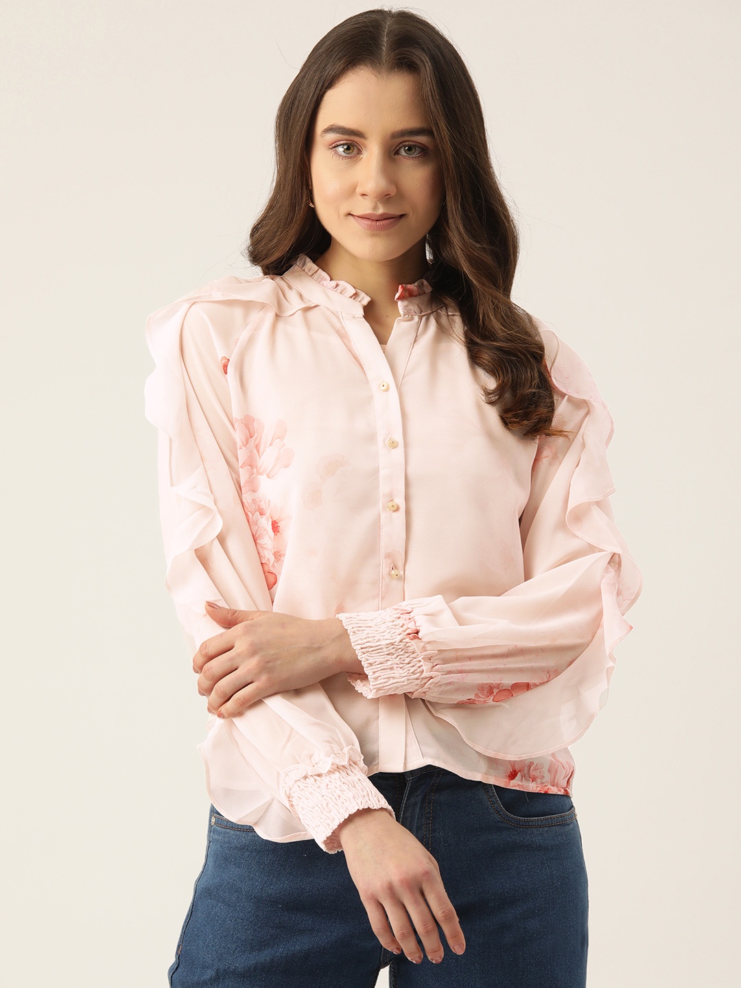 

Madame Floral Print Ruffles Shirt Style Top with Inner, Peach