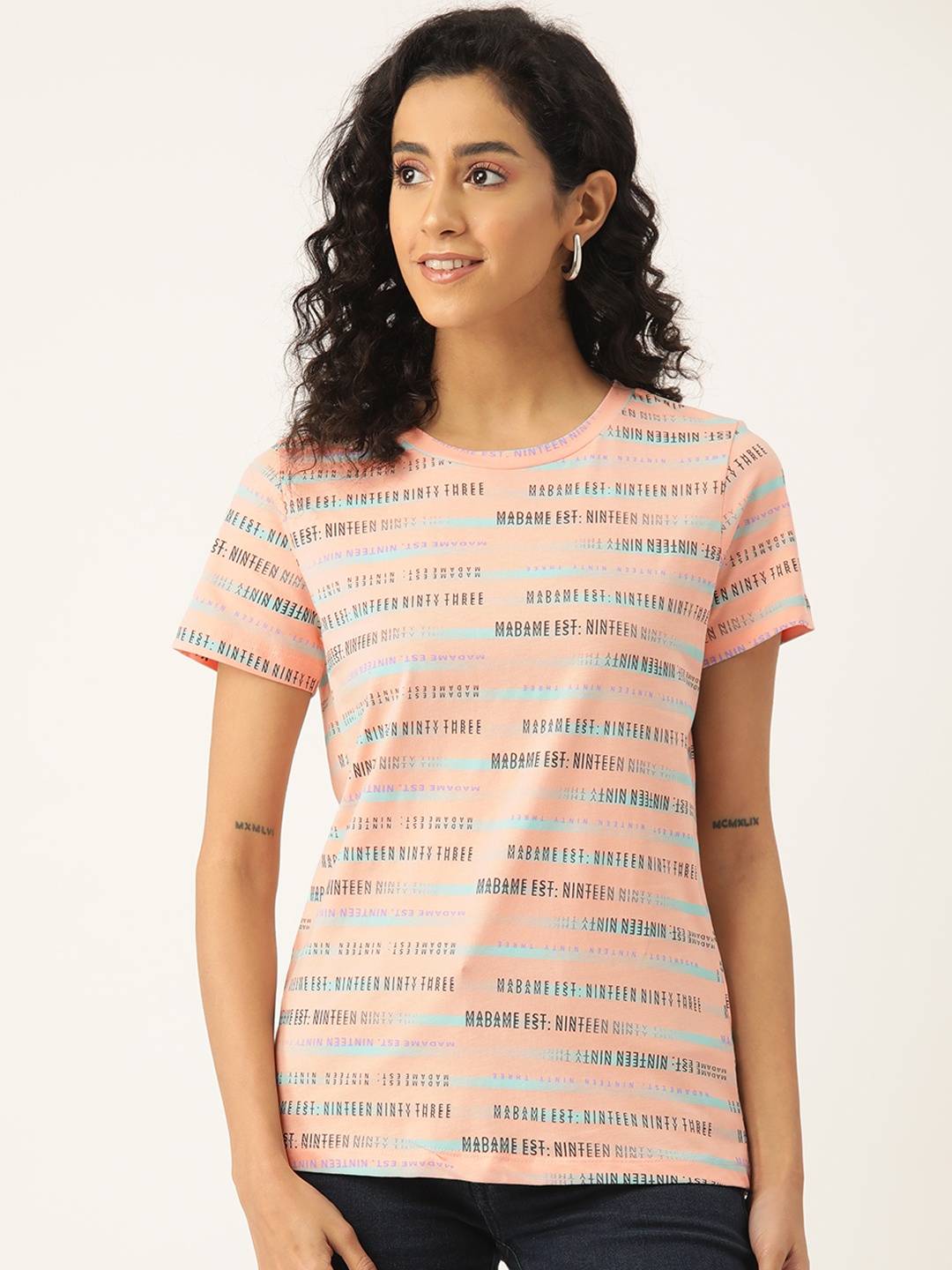 

Madame Typography Printed Pure Cotton T-shirt, Peach