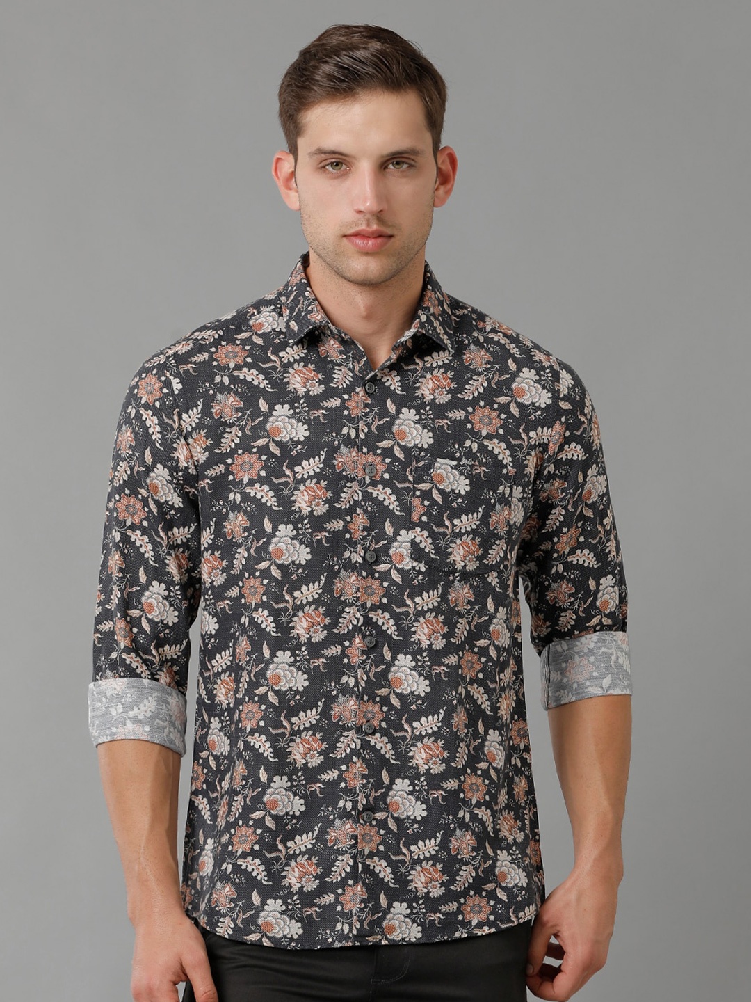 

Linen Club Contemporary Floral Pure Linen Printed Casual Shirt, Black