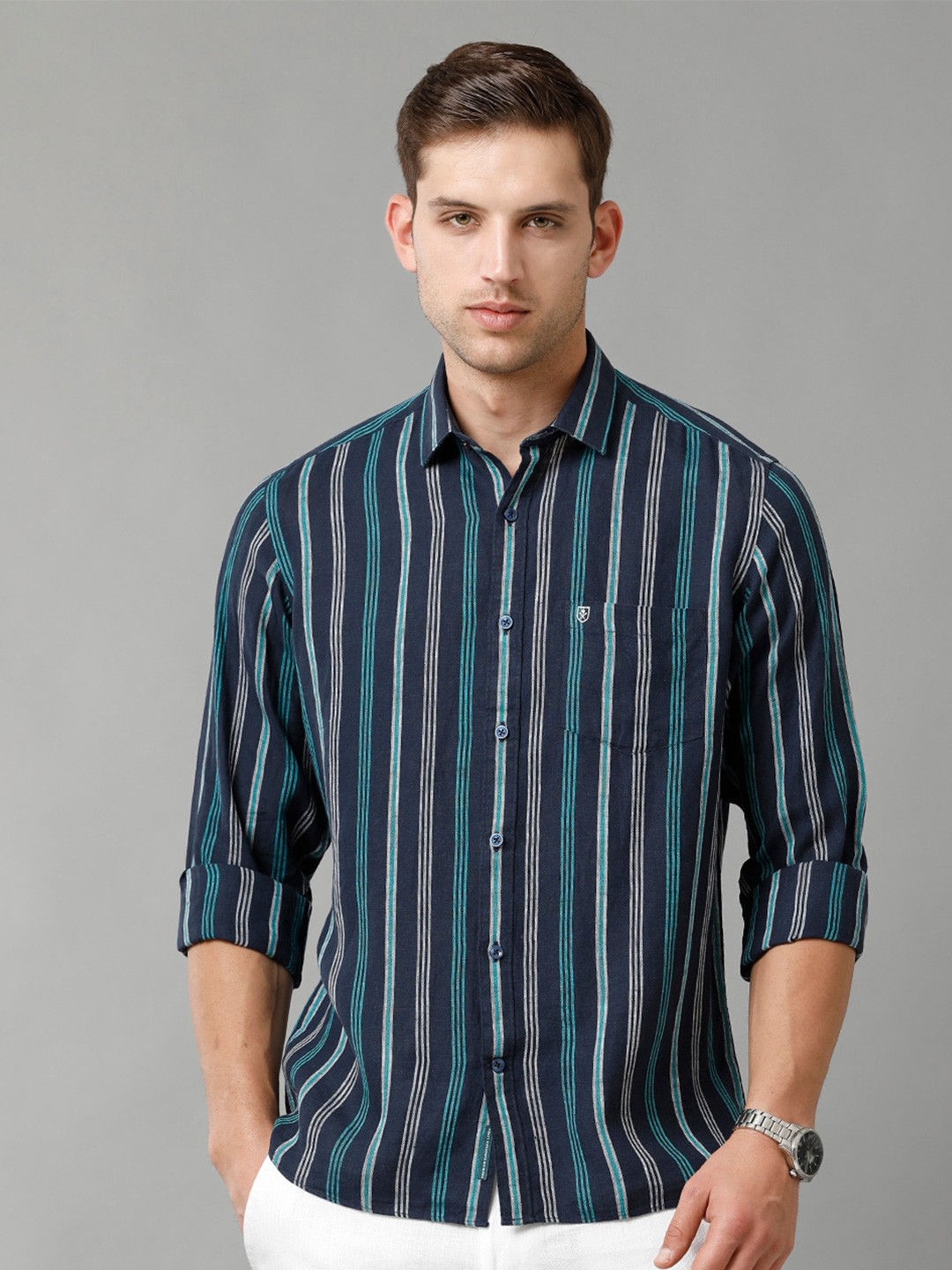 

Linen Club Contemporary Pure Linen Striped Casual Shirt, Blue