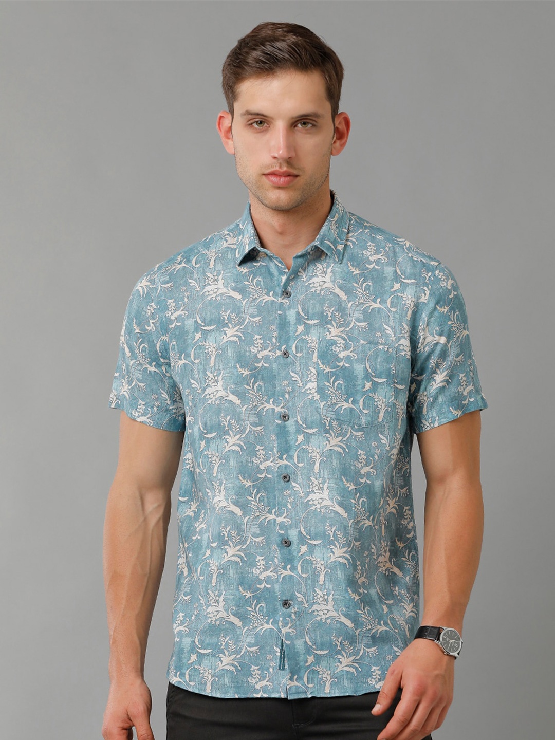 

Linen Club Contemporary Floral Pure Linen Printed Casual Shirt, Blue