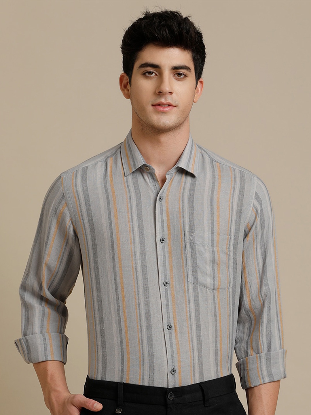 

Linen Club Contemporary Pure Linen Striped Casual Shirt, Grey