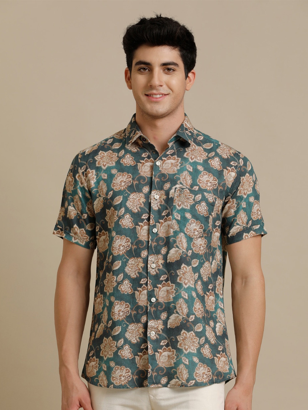 Linen Club Contemporary Floral Pure Linen Printed Casual Shirt, Green